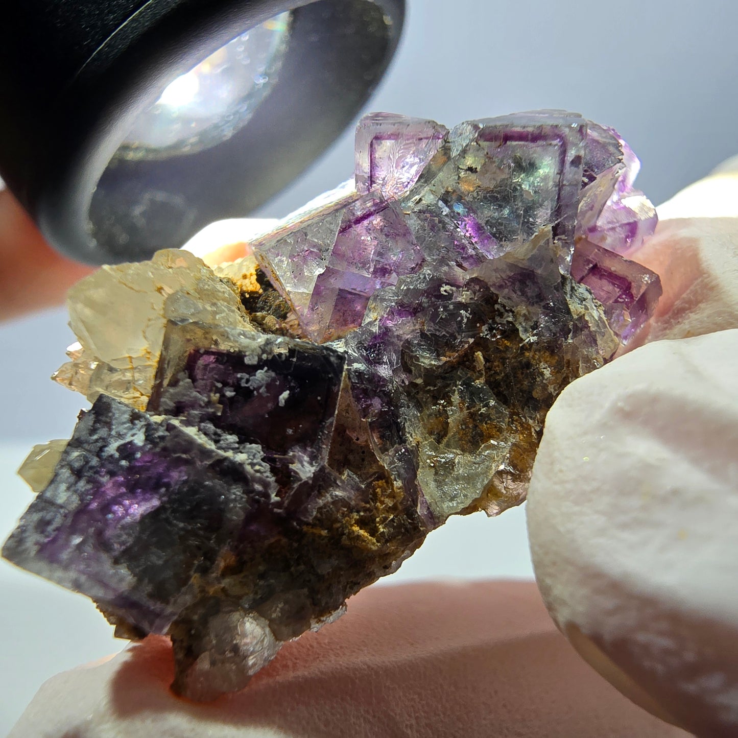 Rare cube de fluorite fantôme, spécimen de quartz vert violet Okorusu Namibie 34 x 21 x 13 mm