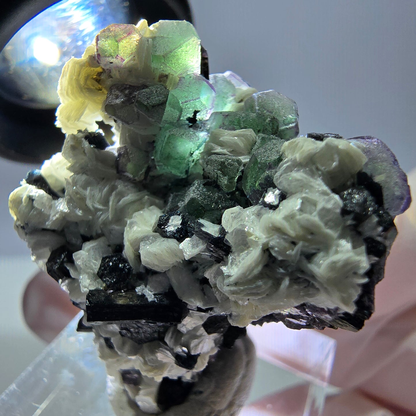 Cube de fluorite fantôme, zonal, muscovite, spécimen de tourmaline Schorl, Erongo, Namibie, 36 x 31 x 22 mm