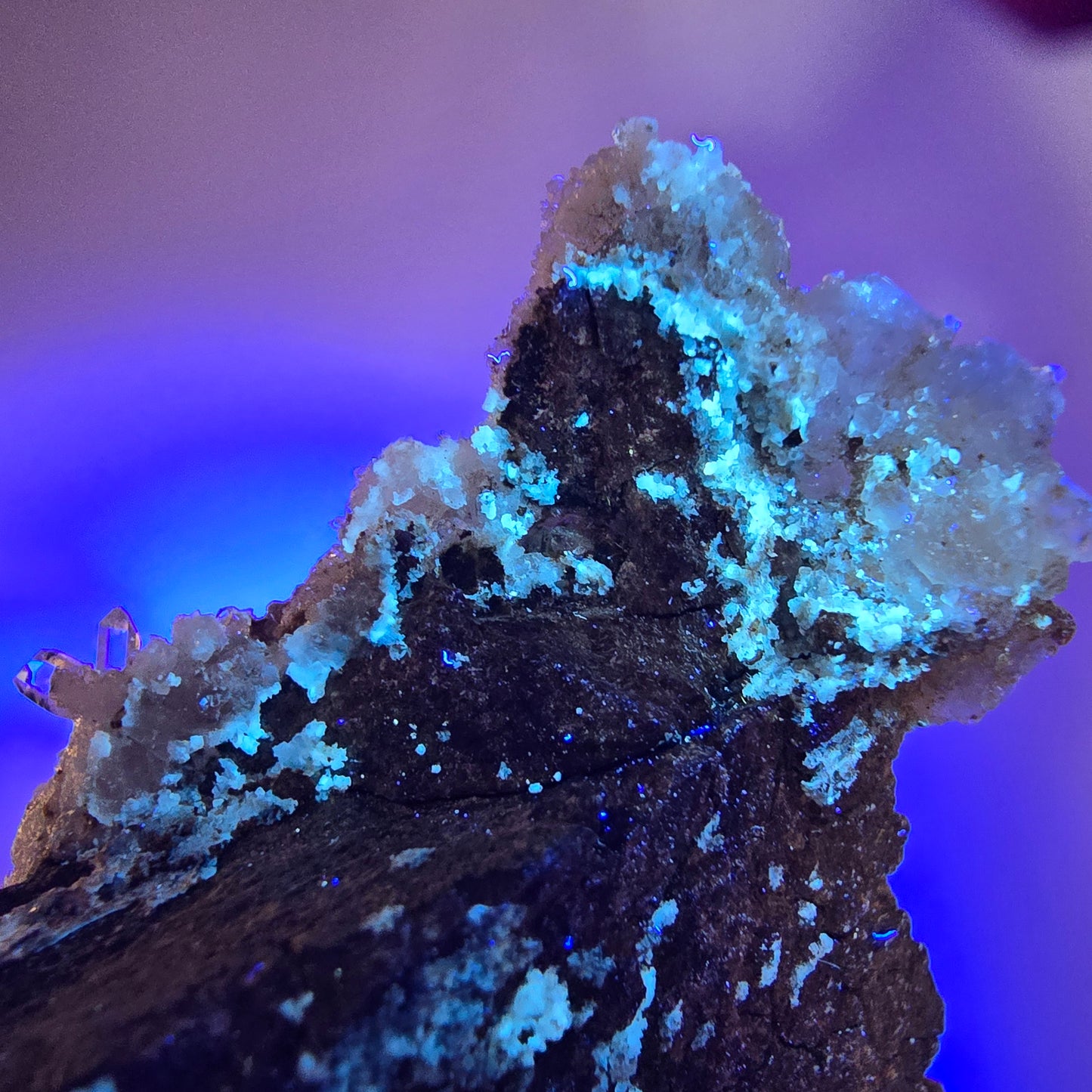 Quartz fumé fantôme DT, calcite UV sur matrice, spécimen Valentine Pocket, Namibie, 103 x 51 x 30 mm