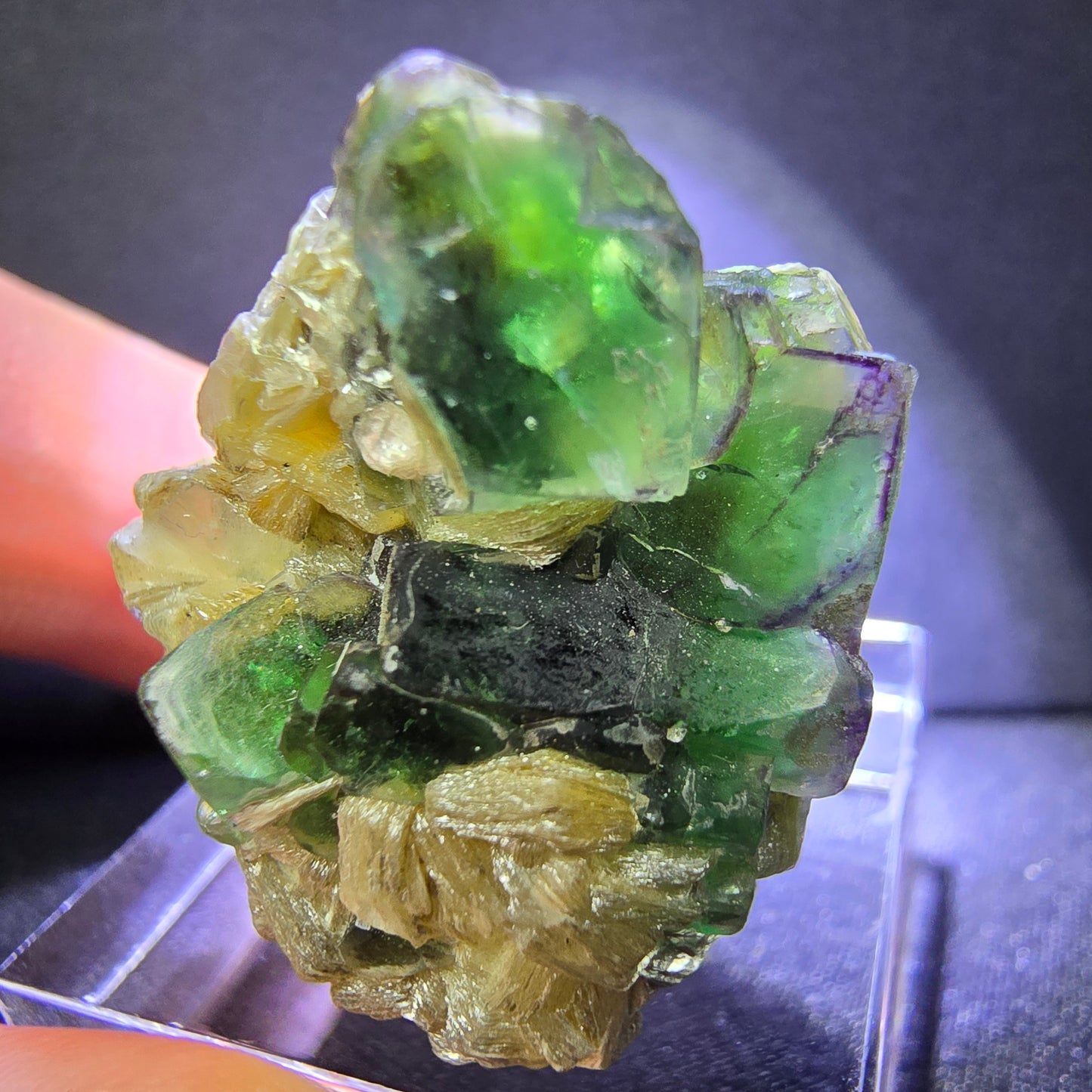Klare Fluorit mit Muskovit grün 27*23*19mm Erongo, Namibia Mineraliensammlung