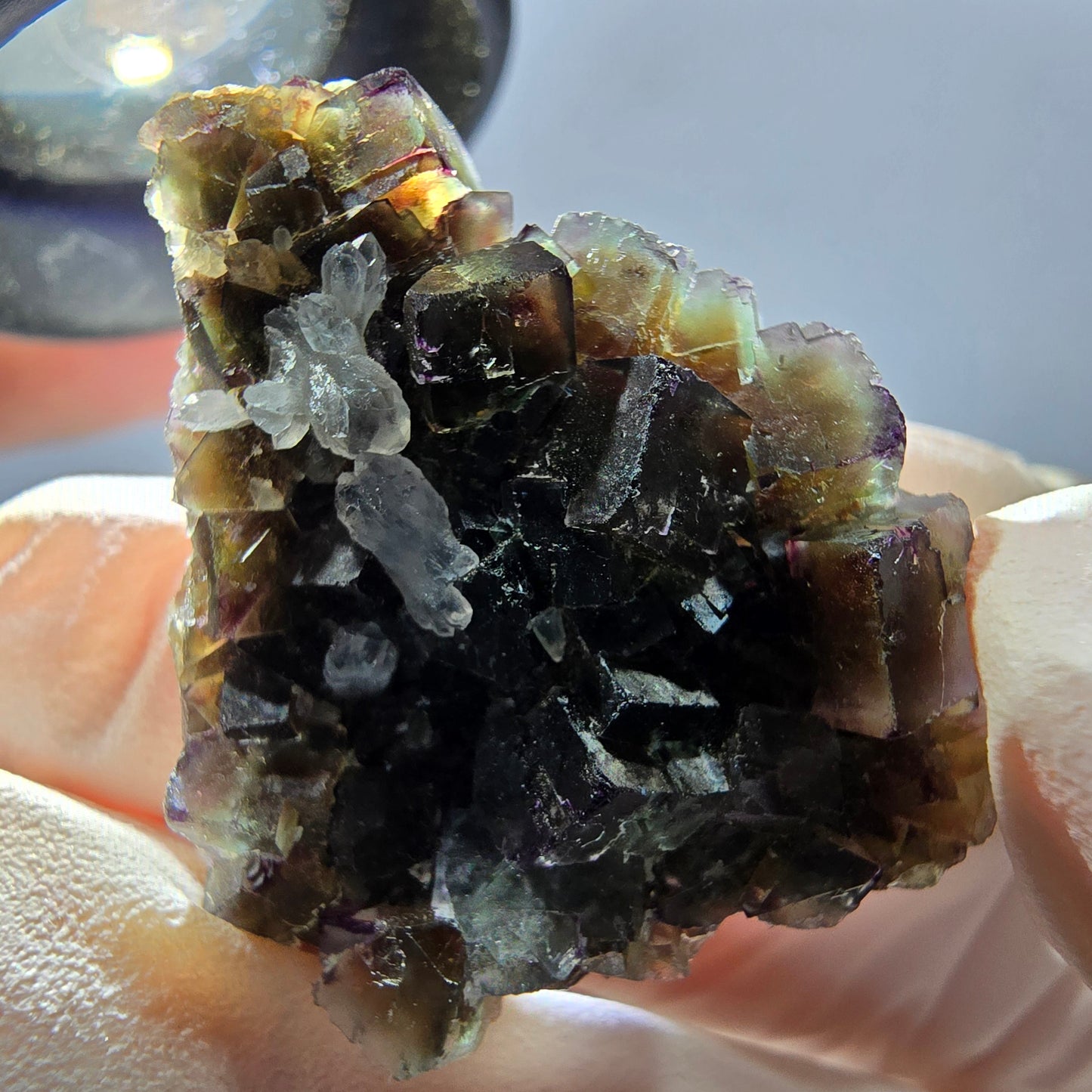Rare cube de fluorite fantôme, spécimen de quartz vert violet Okorusu Namibie 29 x 26 x 12 mm