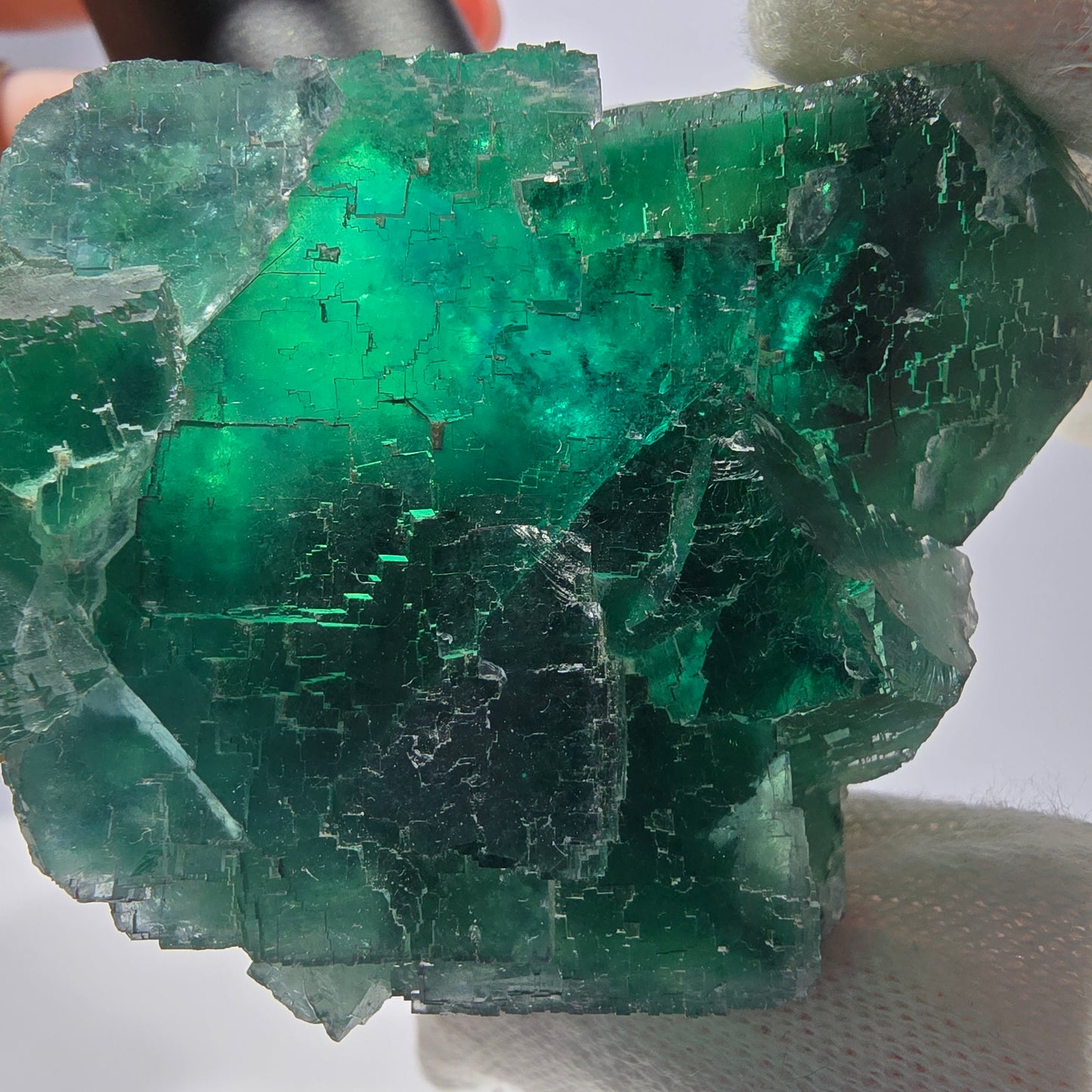 Grand cube de fluorite fantôme vert étagé Okorusu Namibie 94 x 58 x 46 mm
