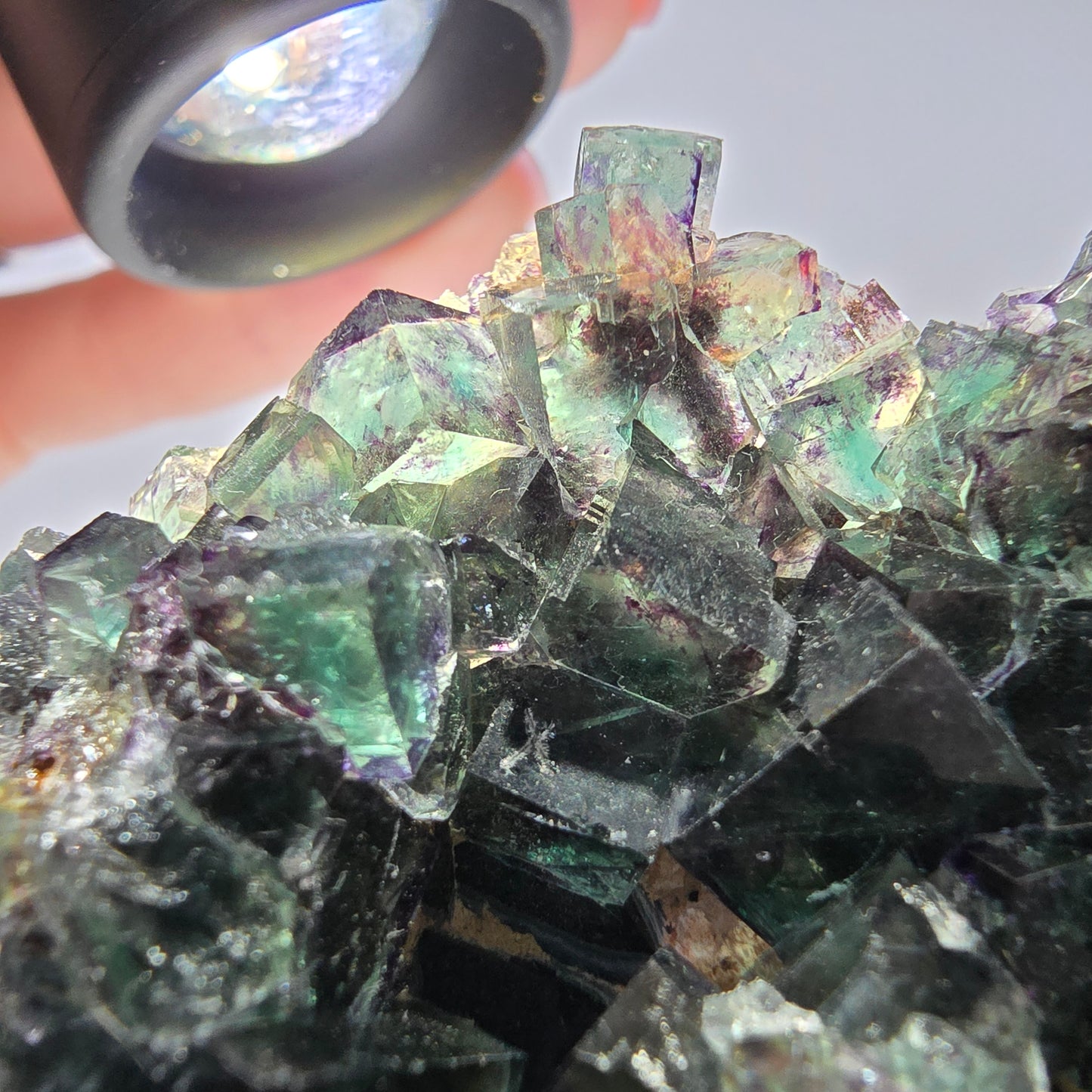 Grand spécimen de cube de fluorite fantôme, vert violet, Okorusu, Namibie, 83 x 55 x 29 mm