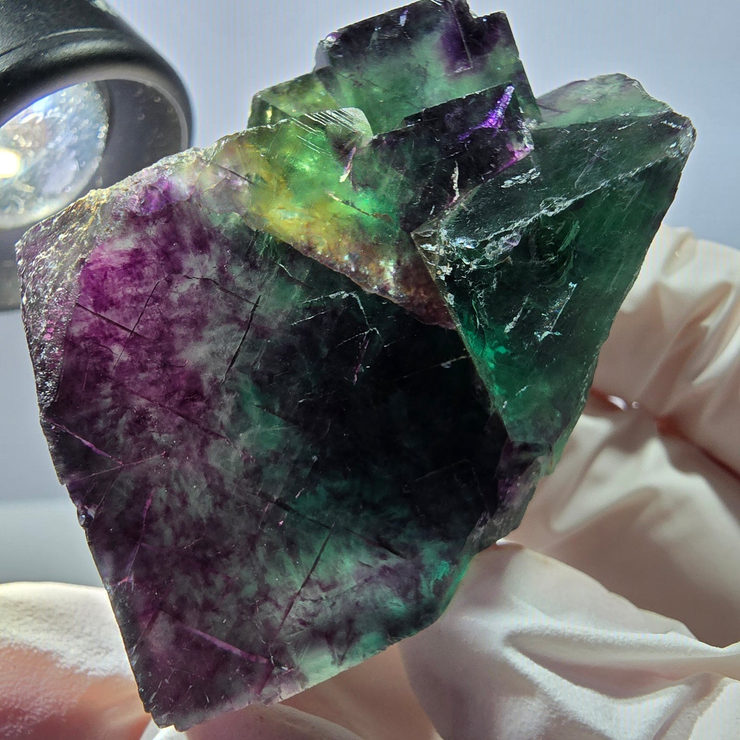 Spécimen de cube de fluorite fantôme parqueté vert violet Okorusu, Namibie 46*38*32mm