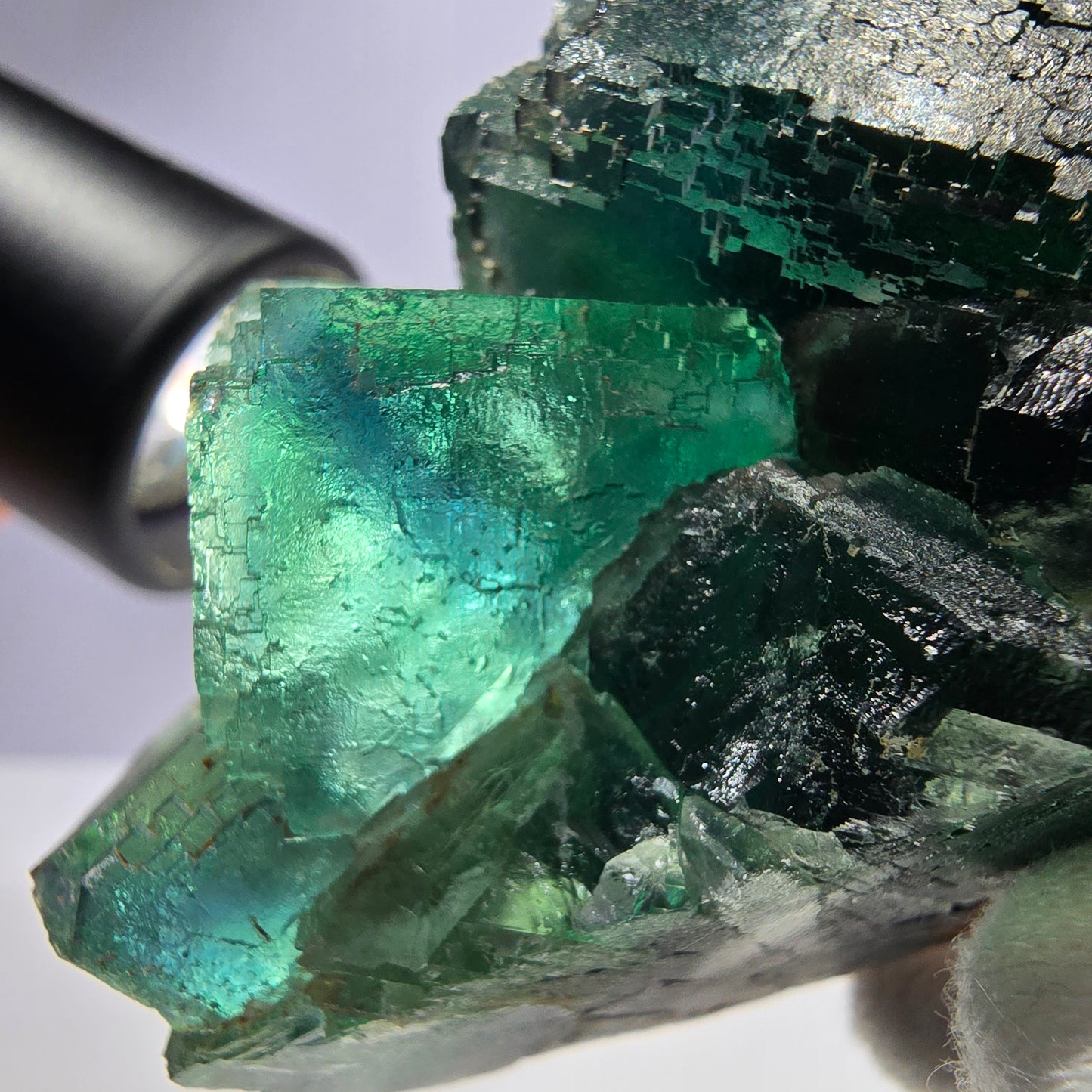 Grand spécimen de cube de fluorite fantôme, parqueté vert Okorusu, Namibie, 87 x 56 x 44 mm
