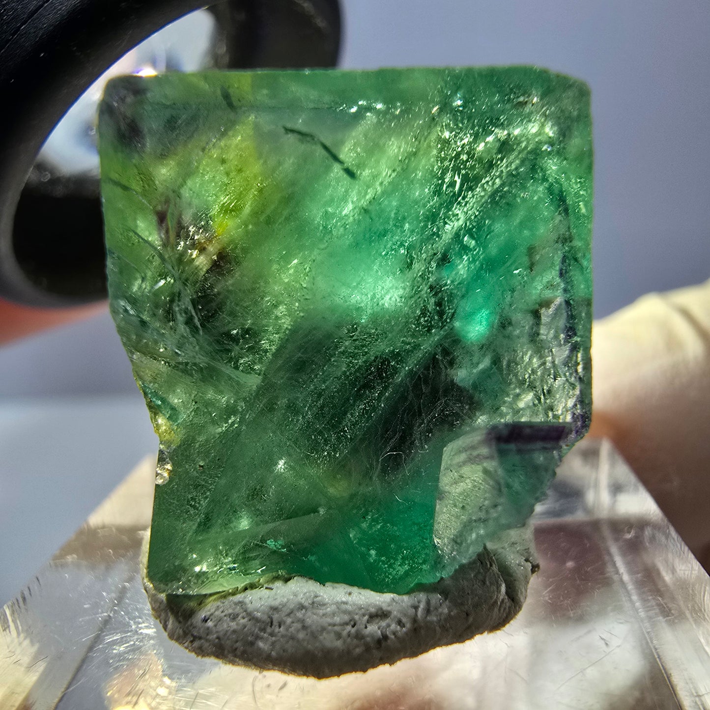 Klarer Phantom Fluorit Würfel, grün lila Okorusu, Namibia 18*16*17mm