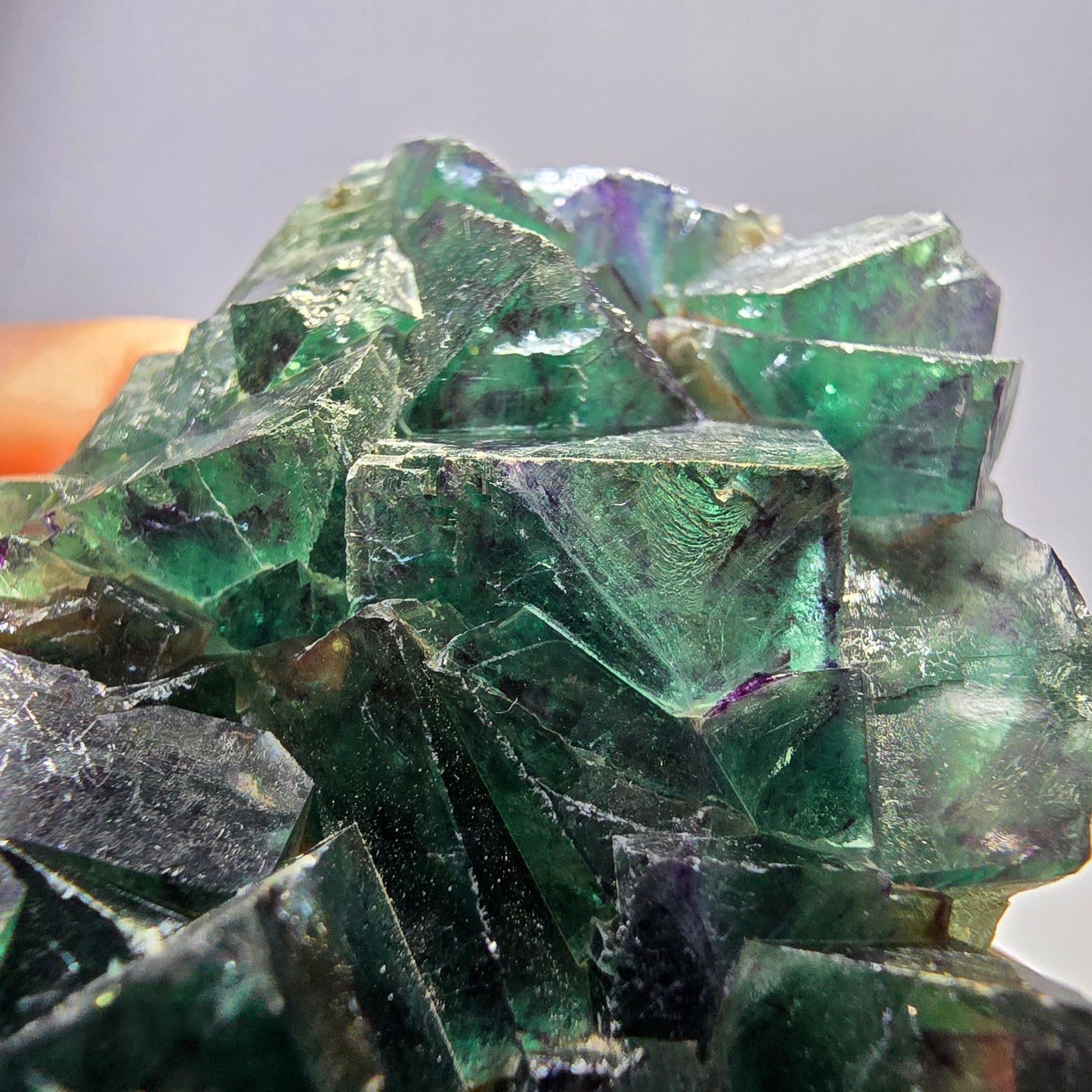 Spécimen de cube de fluorite fantôme parqueté vert violet Okorusu Namibie 79*44*19mm
