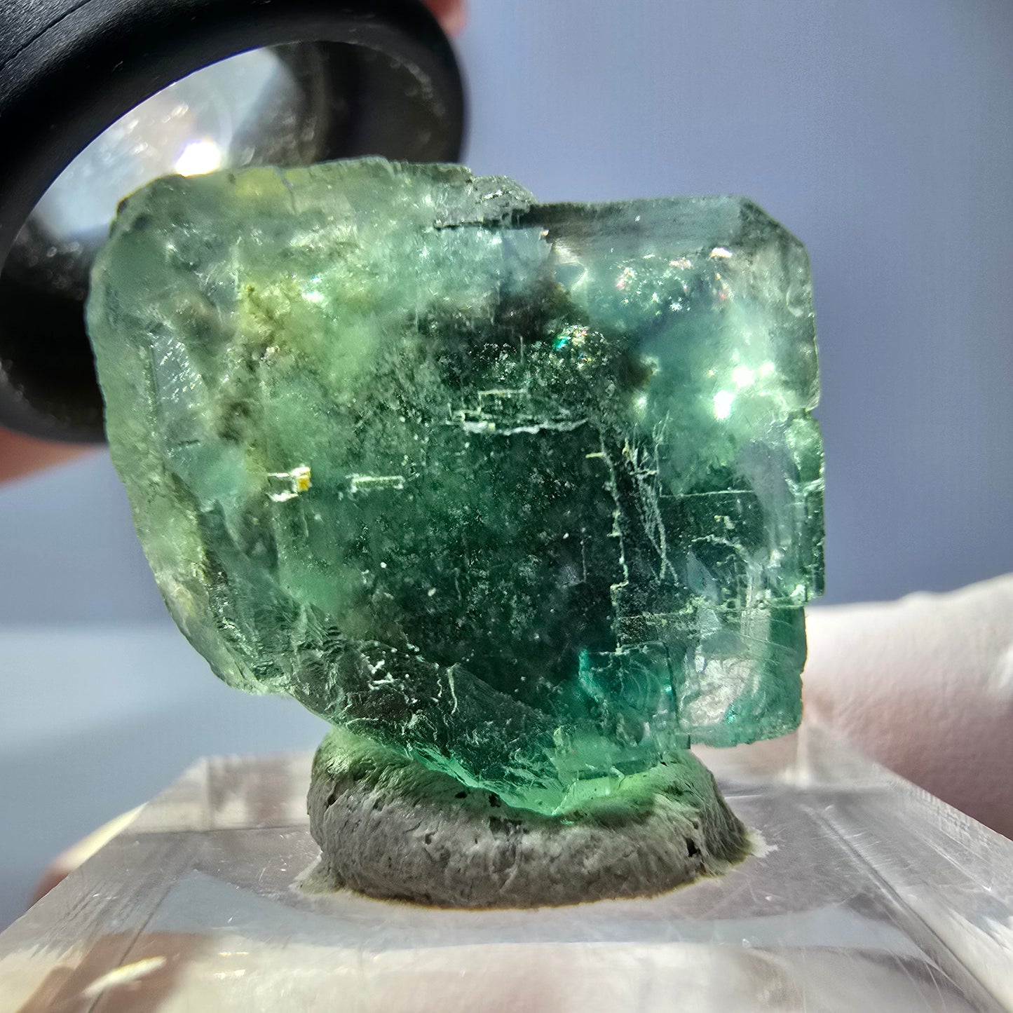 Cube de fluorite fantôme transparente parquetée, vert Okorusu, Namibie 20 x 19 x 15 mm