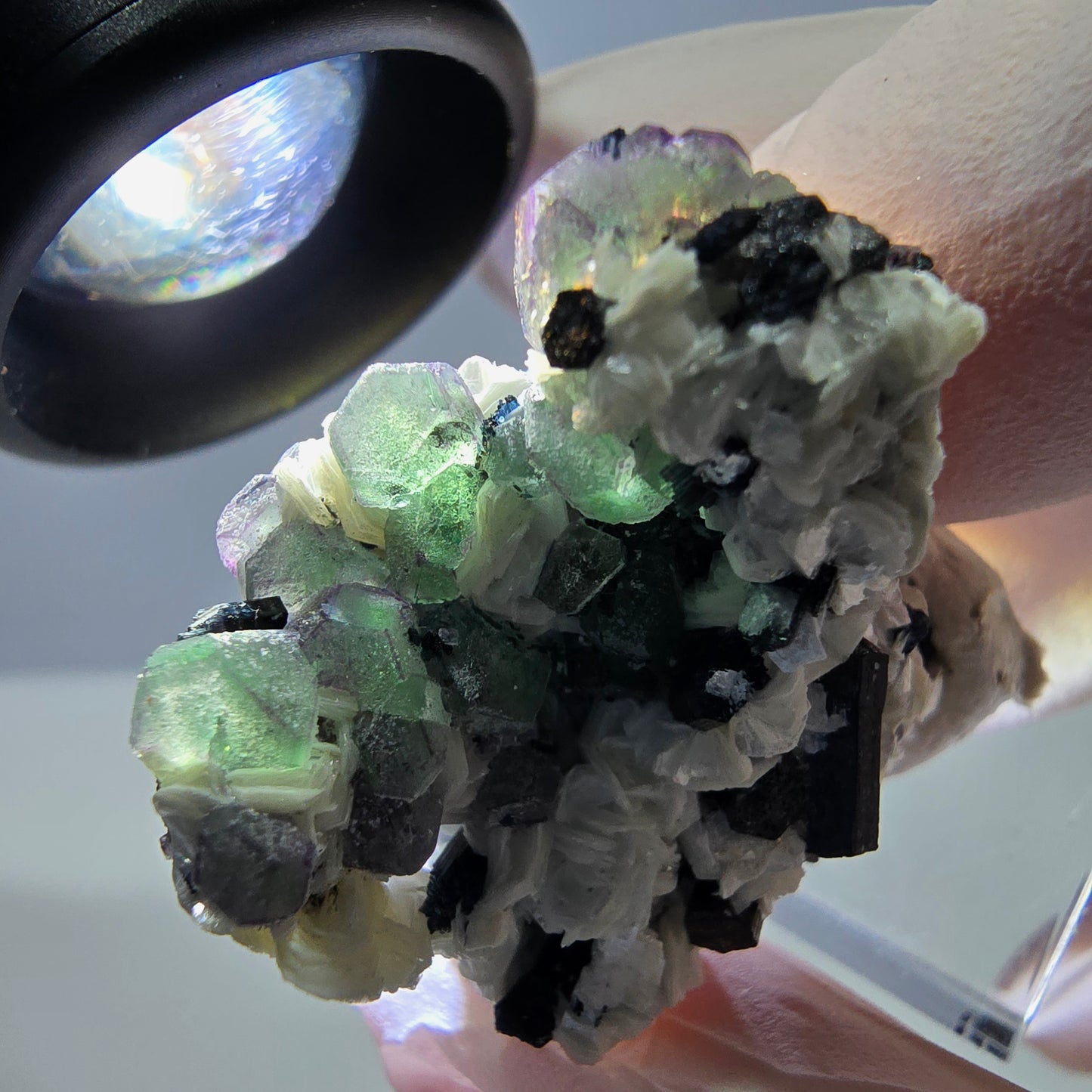 Cube de fluorite fantôme, zonal, muscovite, spécimen de tourmaline Schorl, Erongo, Namibie, 36 x 31 x 22 mm
