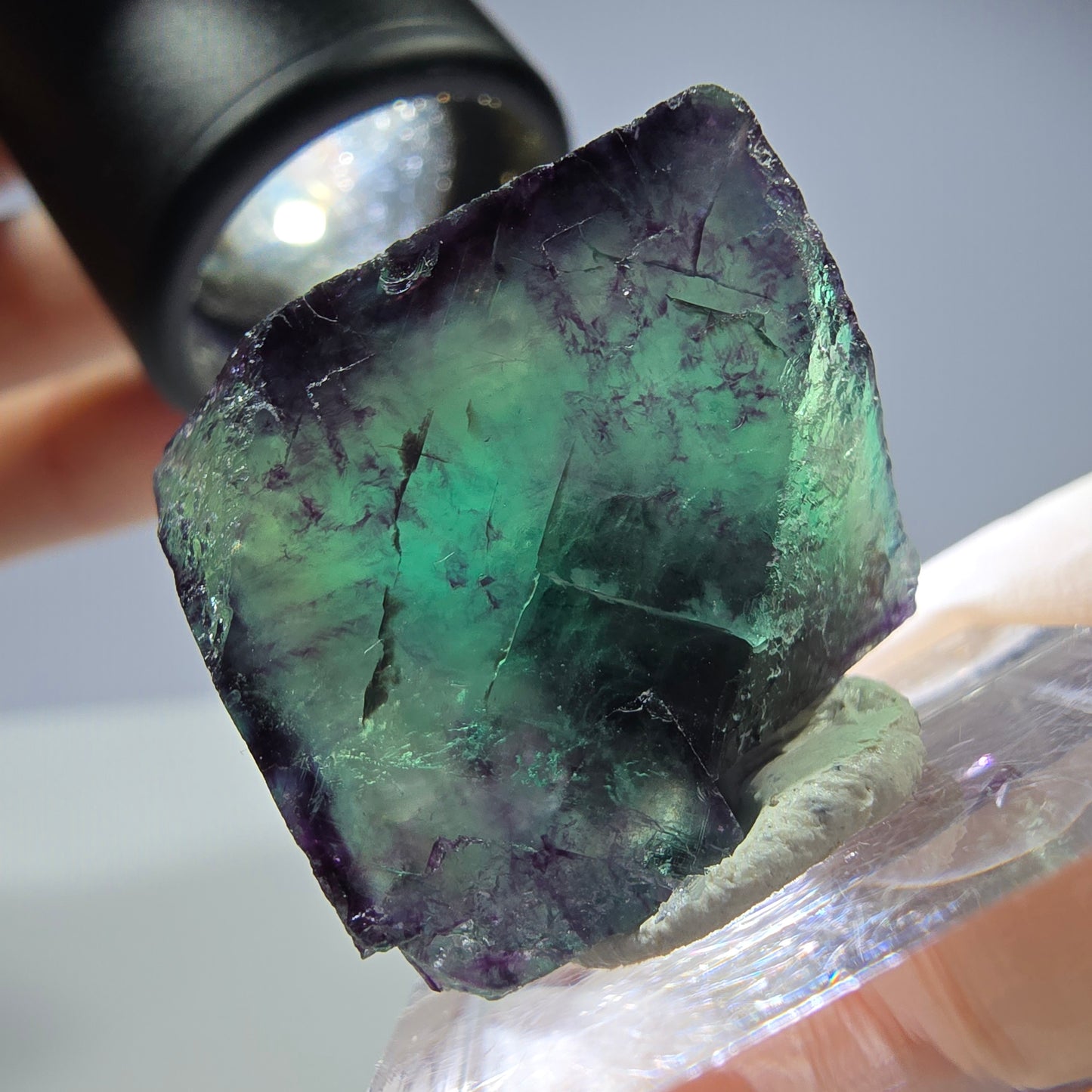 Rare cube de fluorite fantôme parqueté vert violet Okorusu Namibie 23*21*13mm