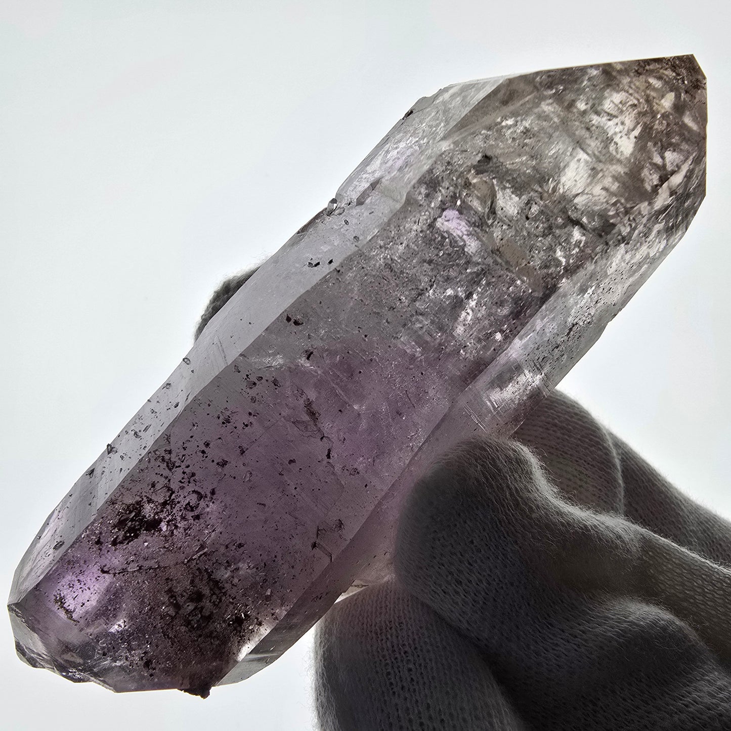Sceptre DT en améthyste squelette Enhydro, poche de calcite Valentine Goboboseb Namibie 100 x 36 x 30 mm