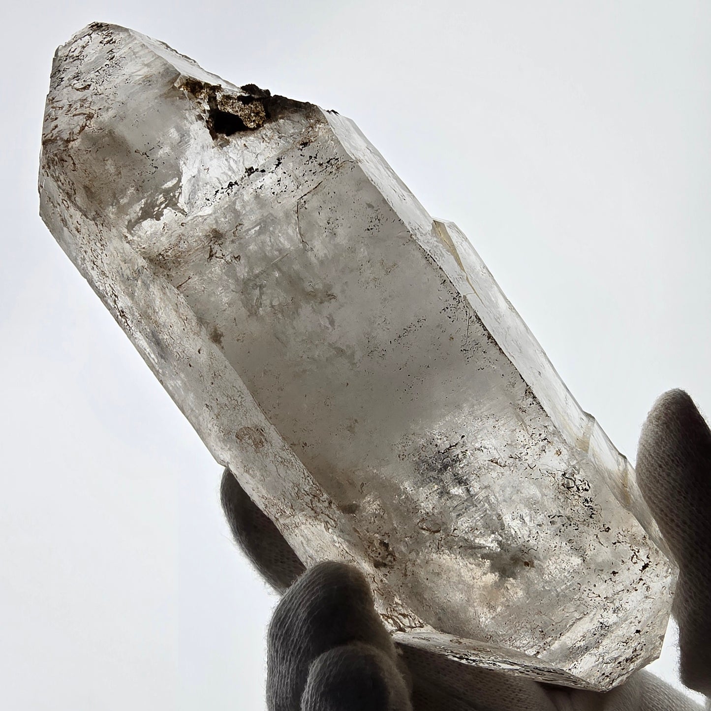 Sceptre DT en quartz fumé squelette Enhydro, poche Valentine en calcite UV, Namibie 153 x 62 x 39 mm