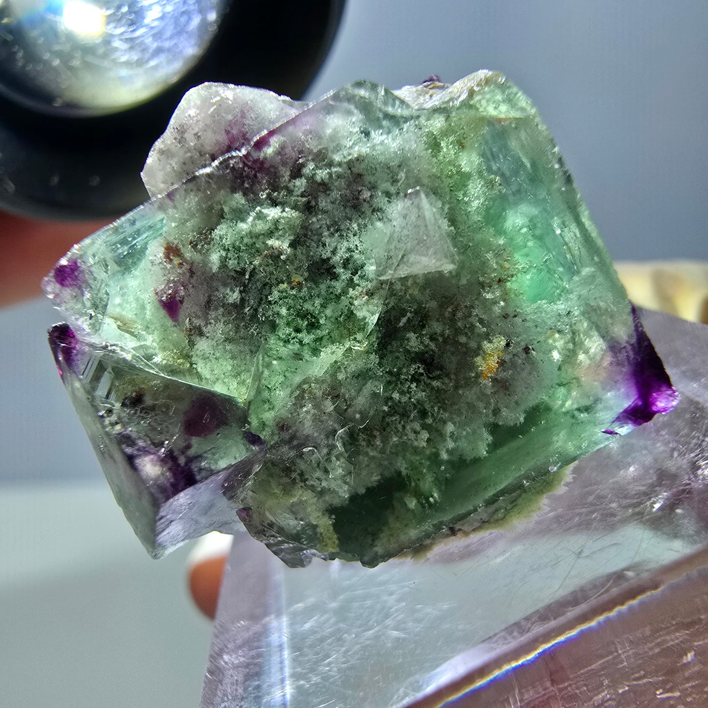 Phantom Fluorit Würfel, Quarz Stufe, grün lila Okorusu, Namibia 22*21*18mm