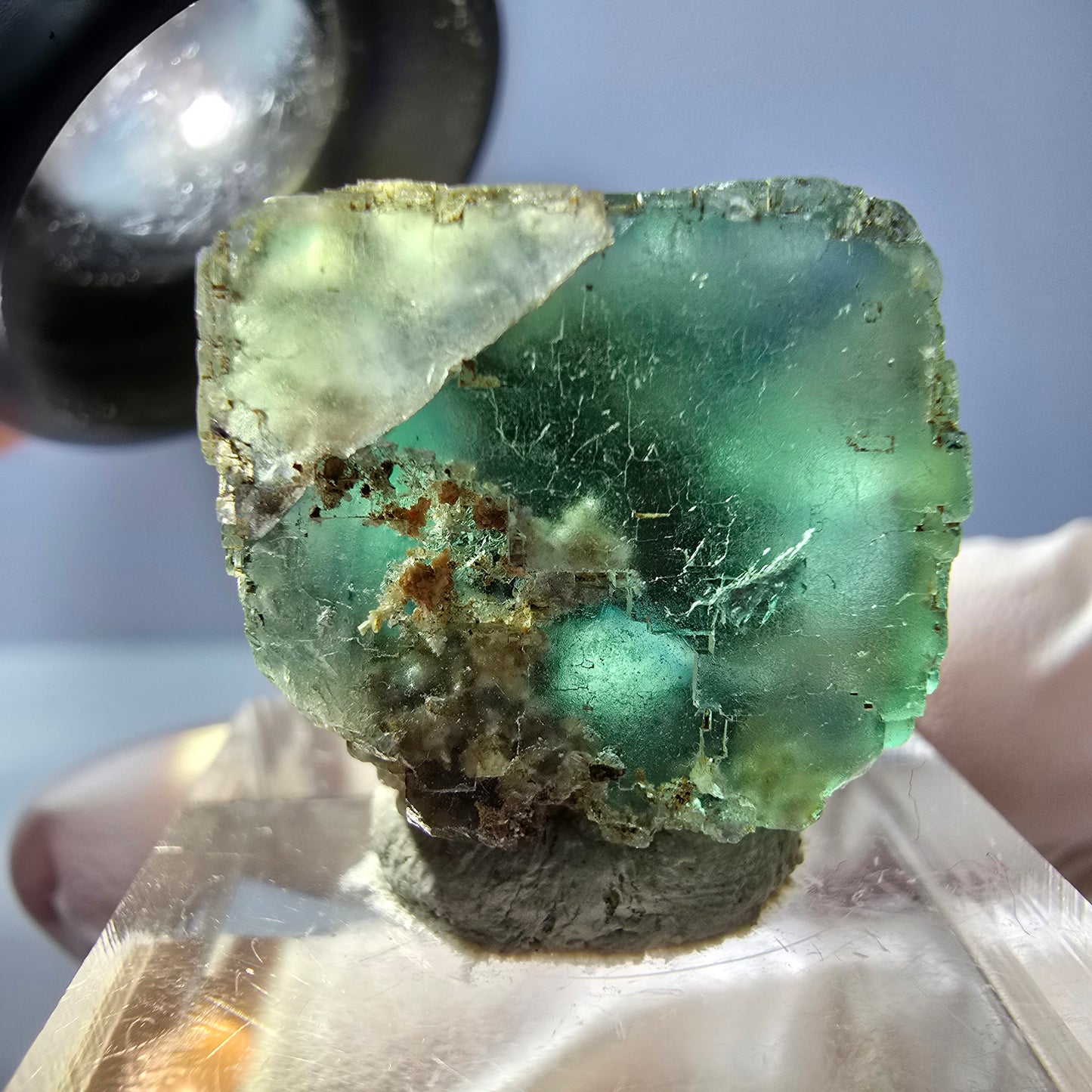 Cube de fluorite fantôme transparente parquetée, vert Okorusu, Namibie 21 x 19 x 19 mm