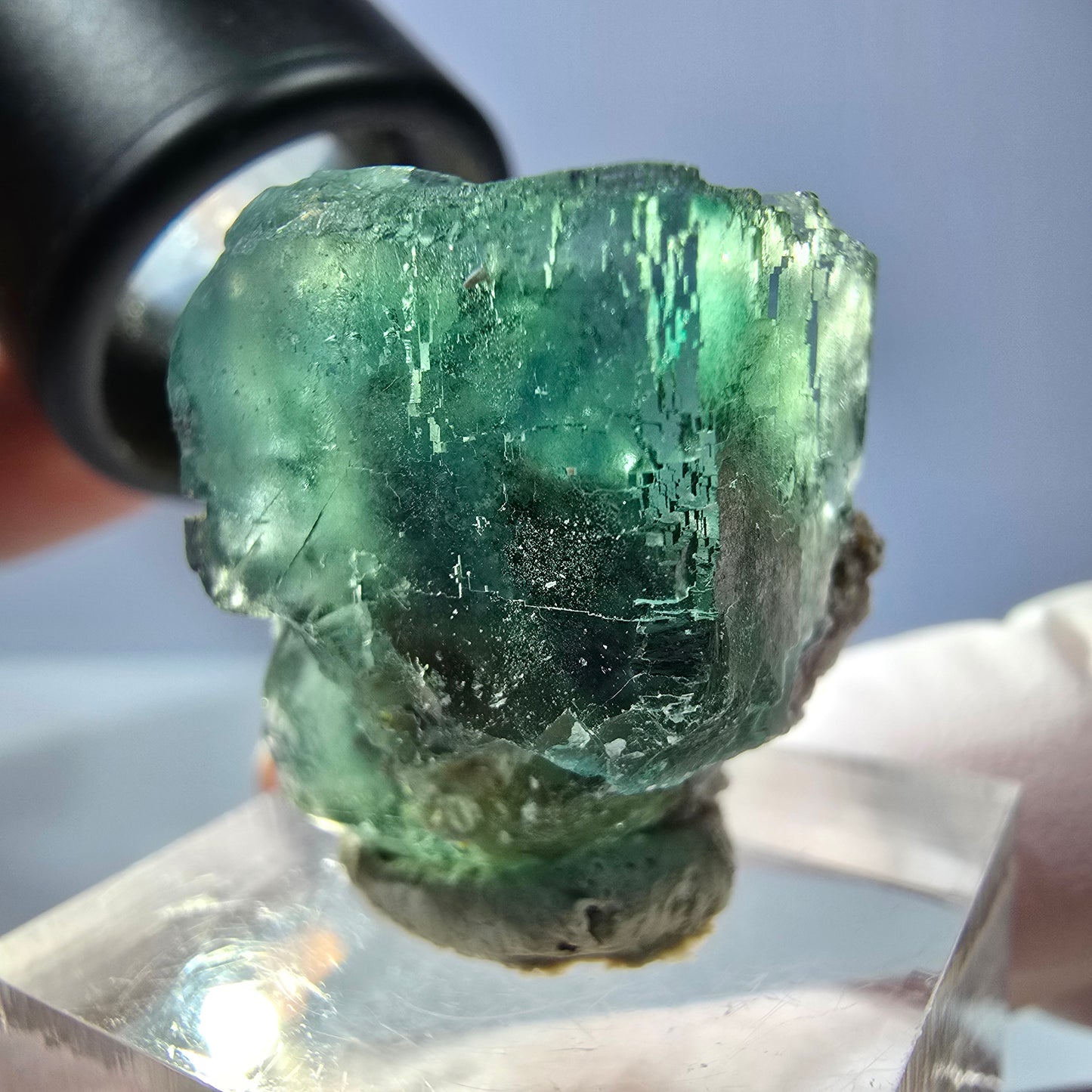 Cube de fluorite fantôme transparente parquetée, vert Okorusu, Namibie 25 x 19 x 15 mm