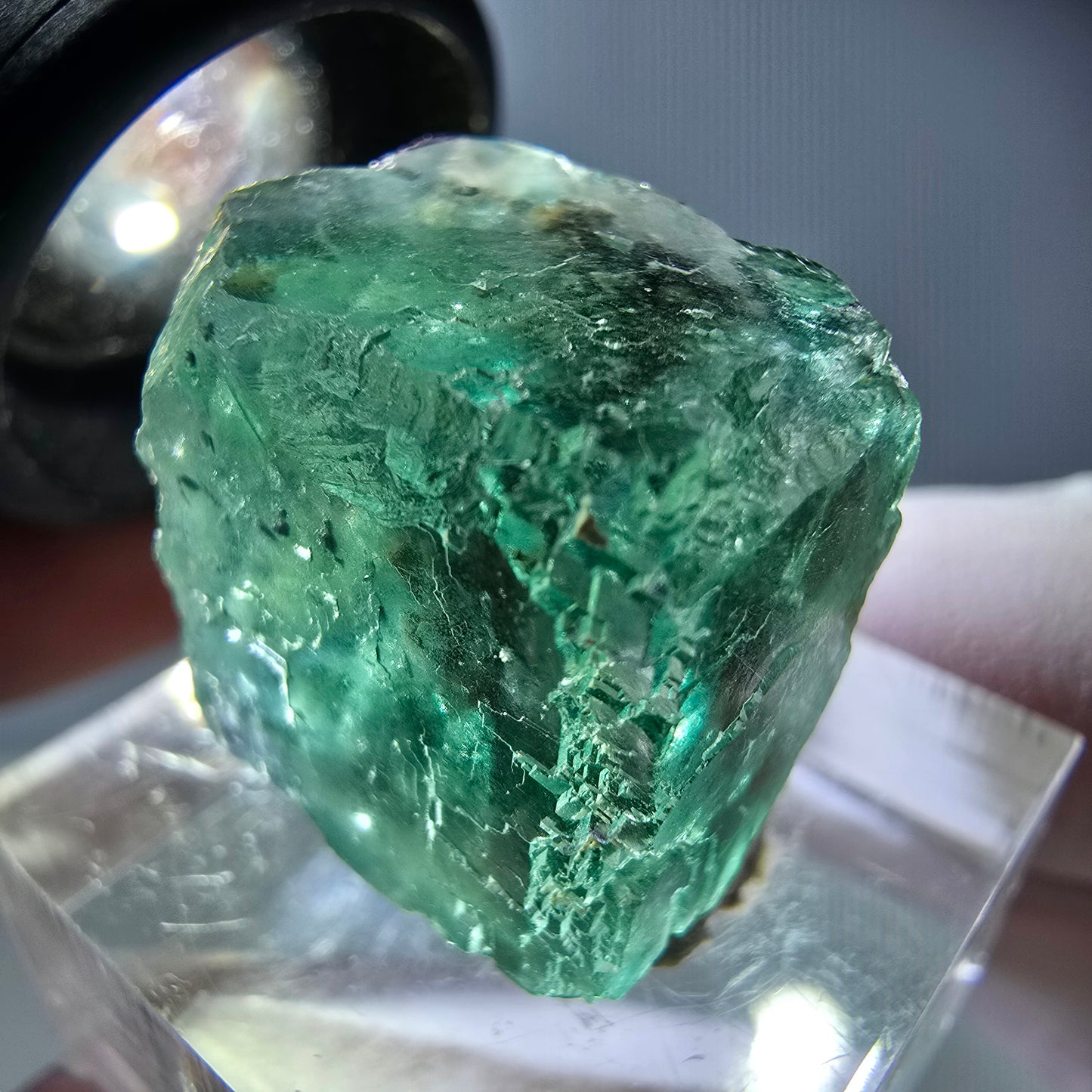 Cube de fluorite fantôme transparente parquetée, vert Okorusu, Namibie 19 x 19 x 15 mm