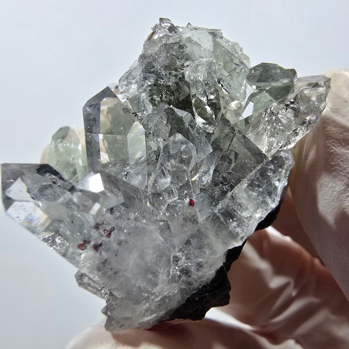 Quartz Harlequin Starburst, spécimen de préhnite, mine Streep, Goboboseb, Namibie, 44 x 39 x 25 mm