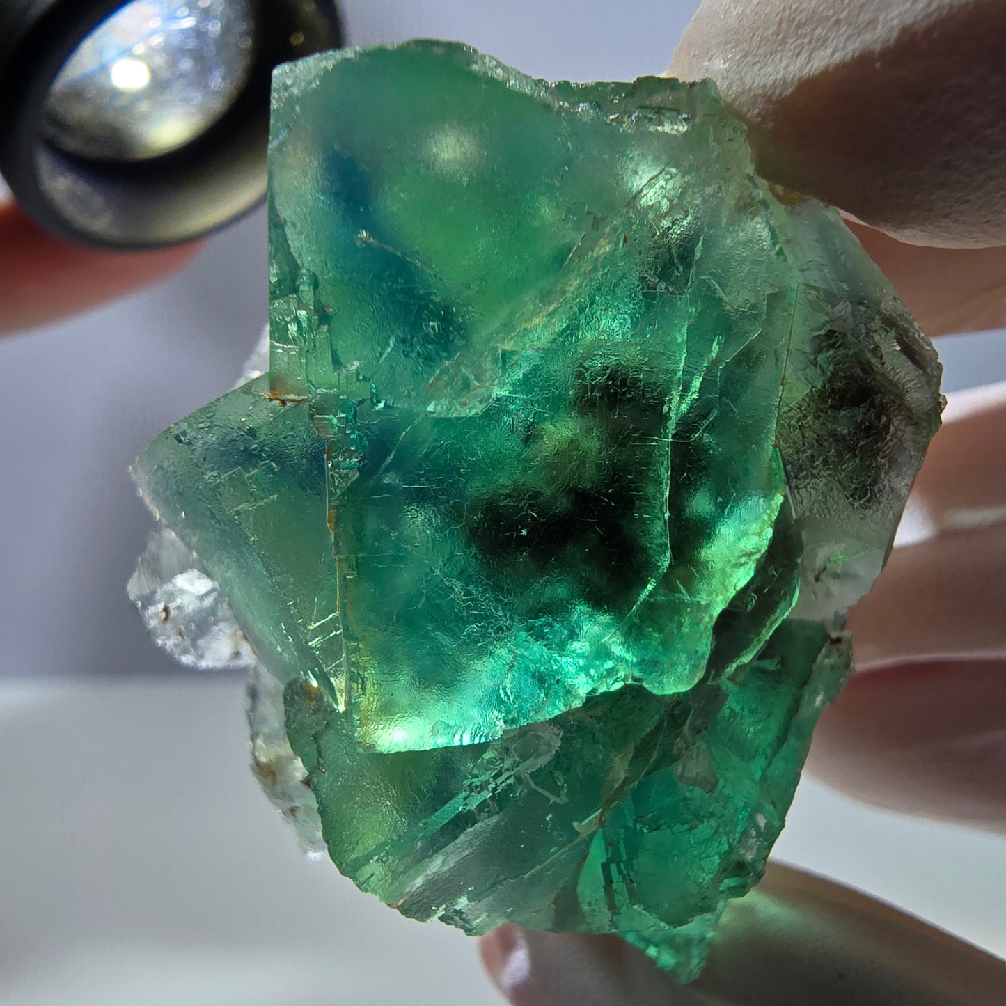 Spécimen de cube de fluorite fantôme transparente, vert parqueté, Okorusu, Namibie, 48 x 29 x 25 mm