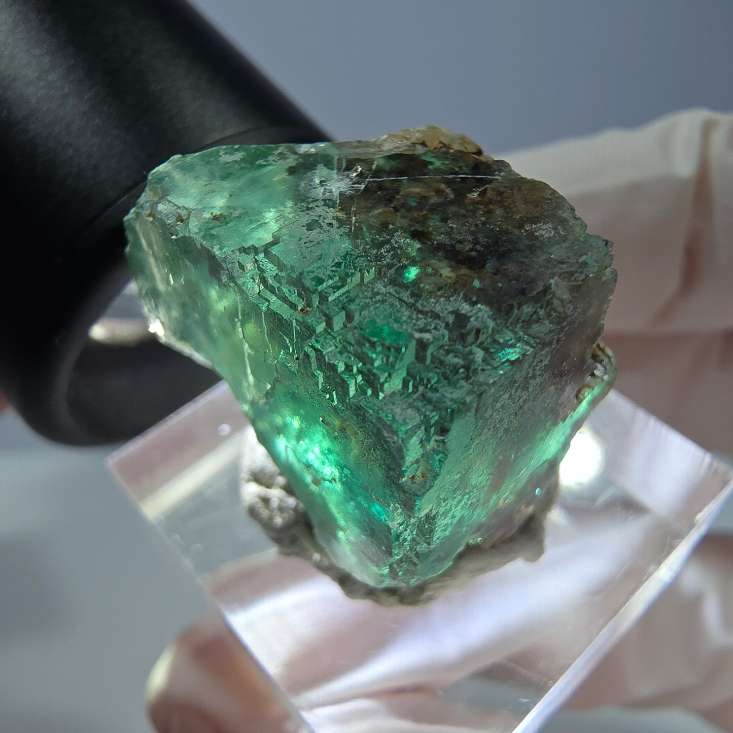Cube de fluorite fantôme transparente parquetée, vert Okorusu, Namibie 21 x 21 x 19 mm