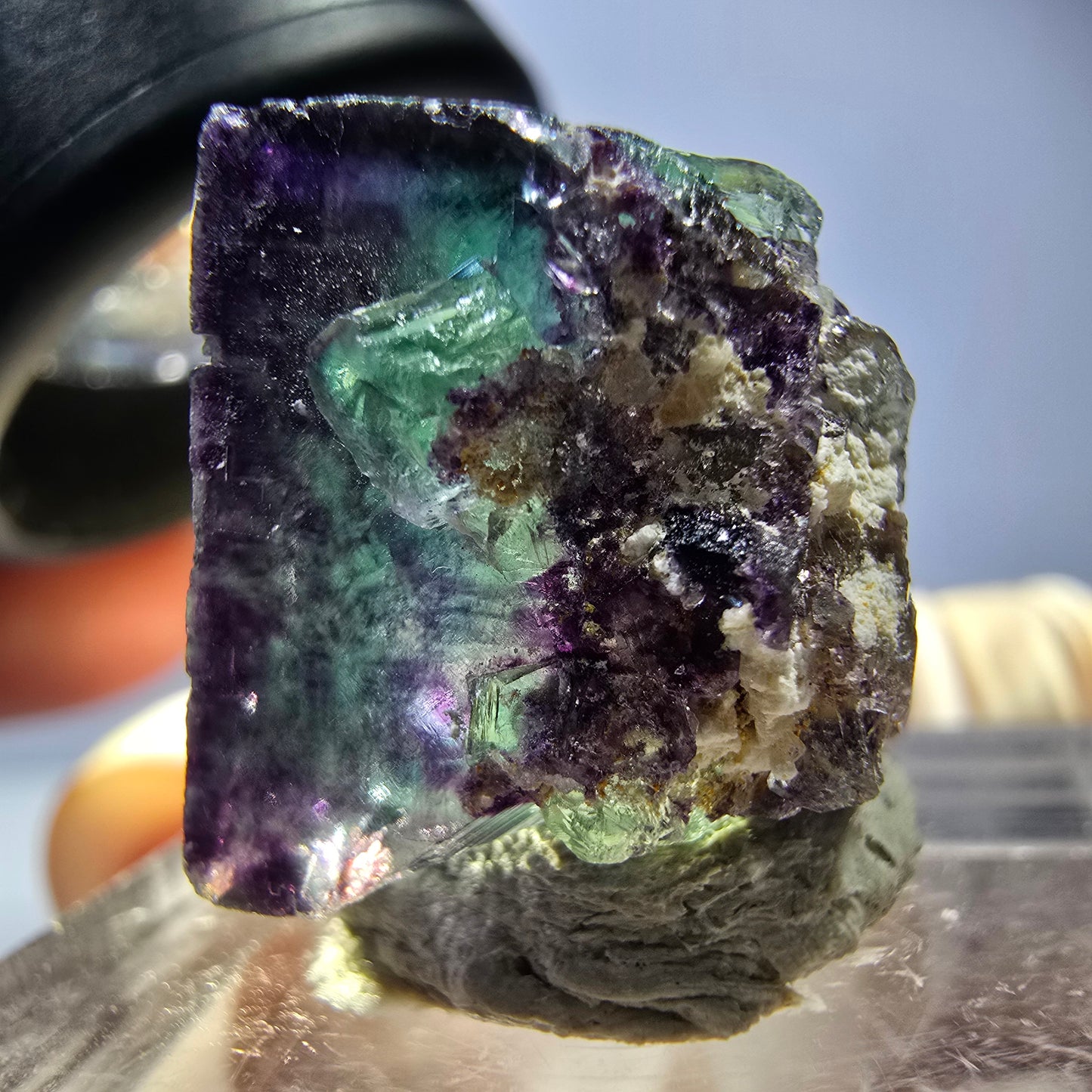 Klarer Phantom Fluorit Würfel, grün lila Okorusu, Namibia 18*16*15mm