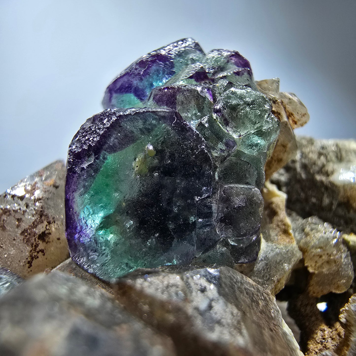 Phantom Fluorit Würfel, Rauchquarz, Hyalit Stufe Erongo, Namibia 48*36*21mm