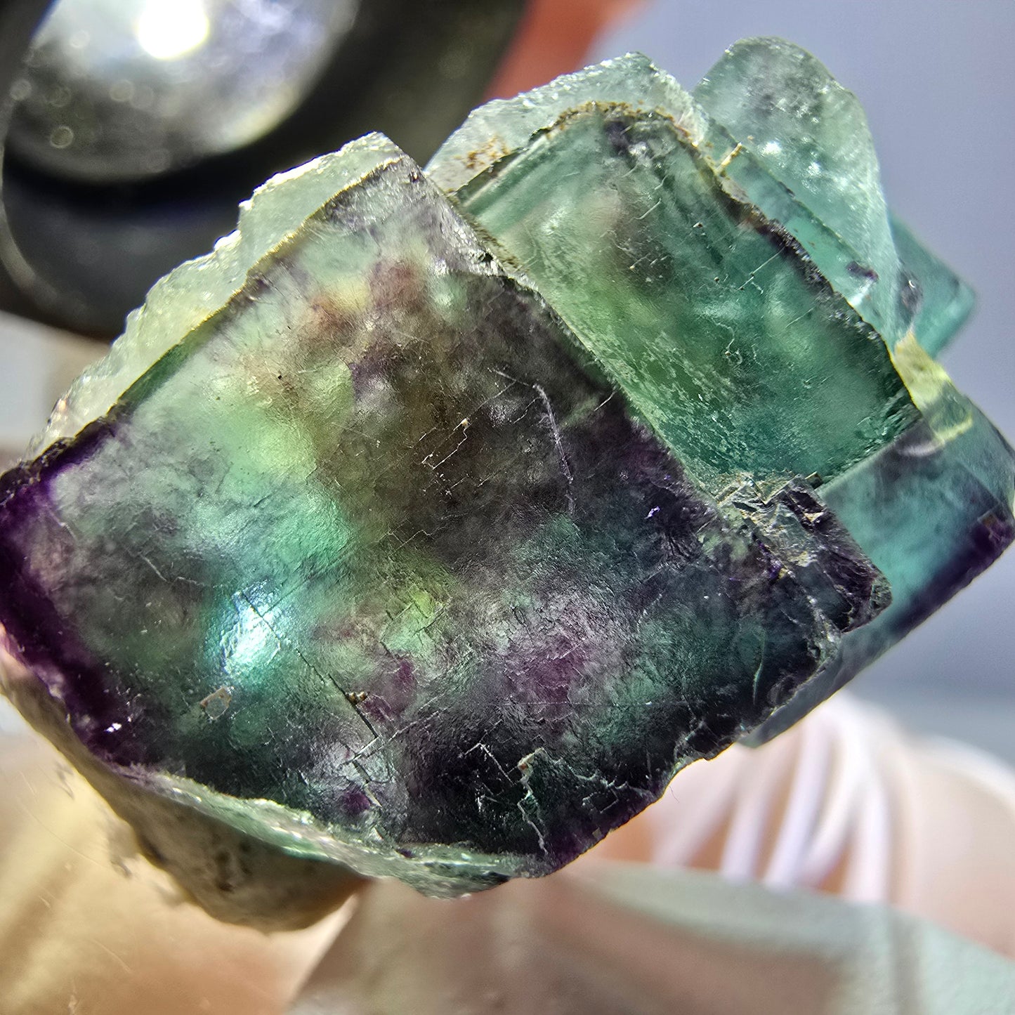 Spécimen de cube de fluorite fantôme, vert violet, Okorusu, Namibie, 26 x 21 x 15 mm