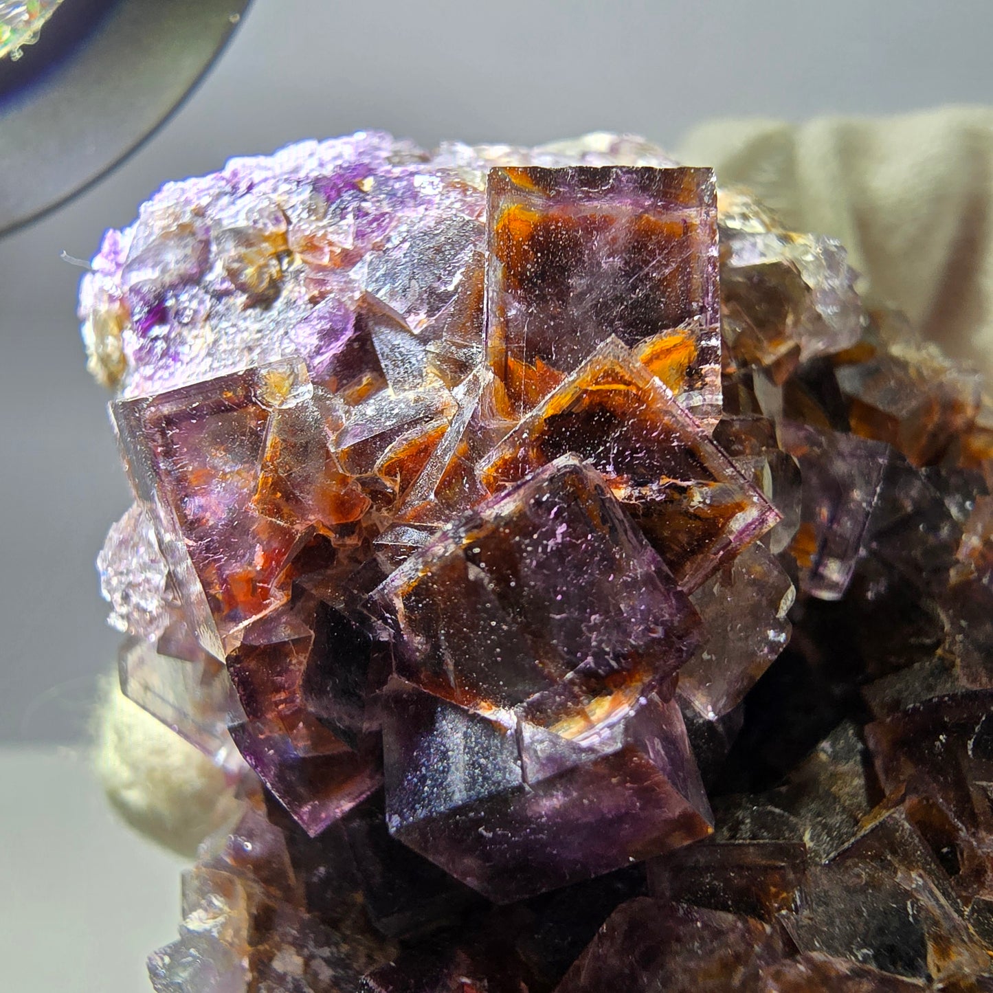 Rare spécimen de cube de fluorite fantôme, violet jaune Okorusu Namibie 63*59*34mm