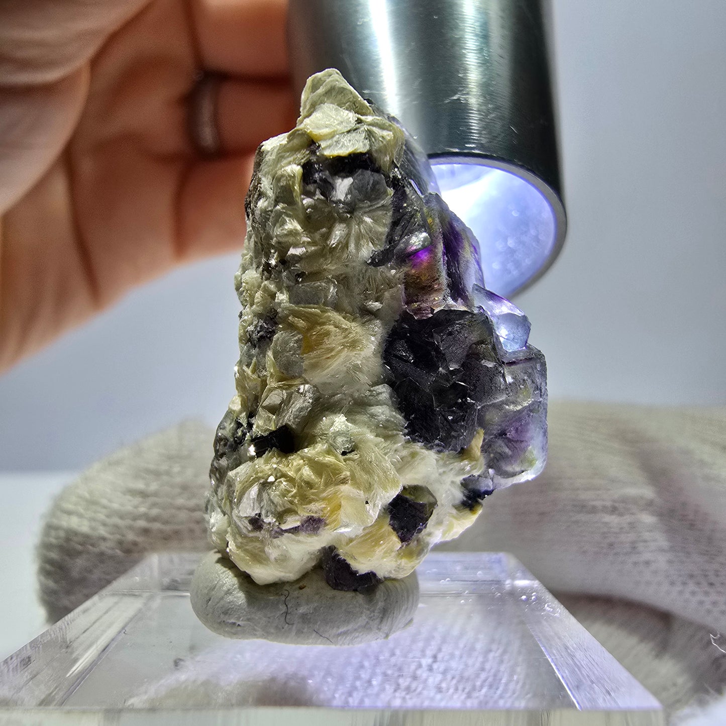 Spécimen de fluorite fantôme colorée, tourmaline scholle, muscovite, Erongo, Namibie, 30 x 19 x 20 mm