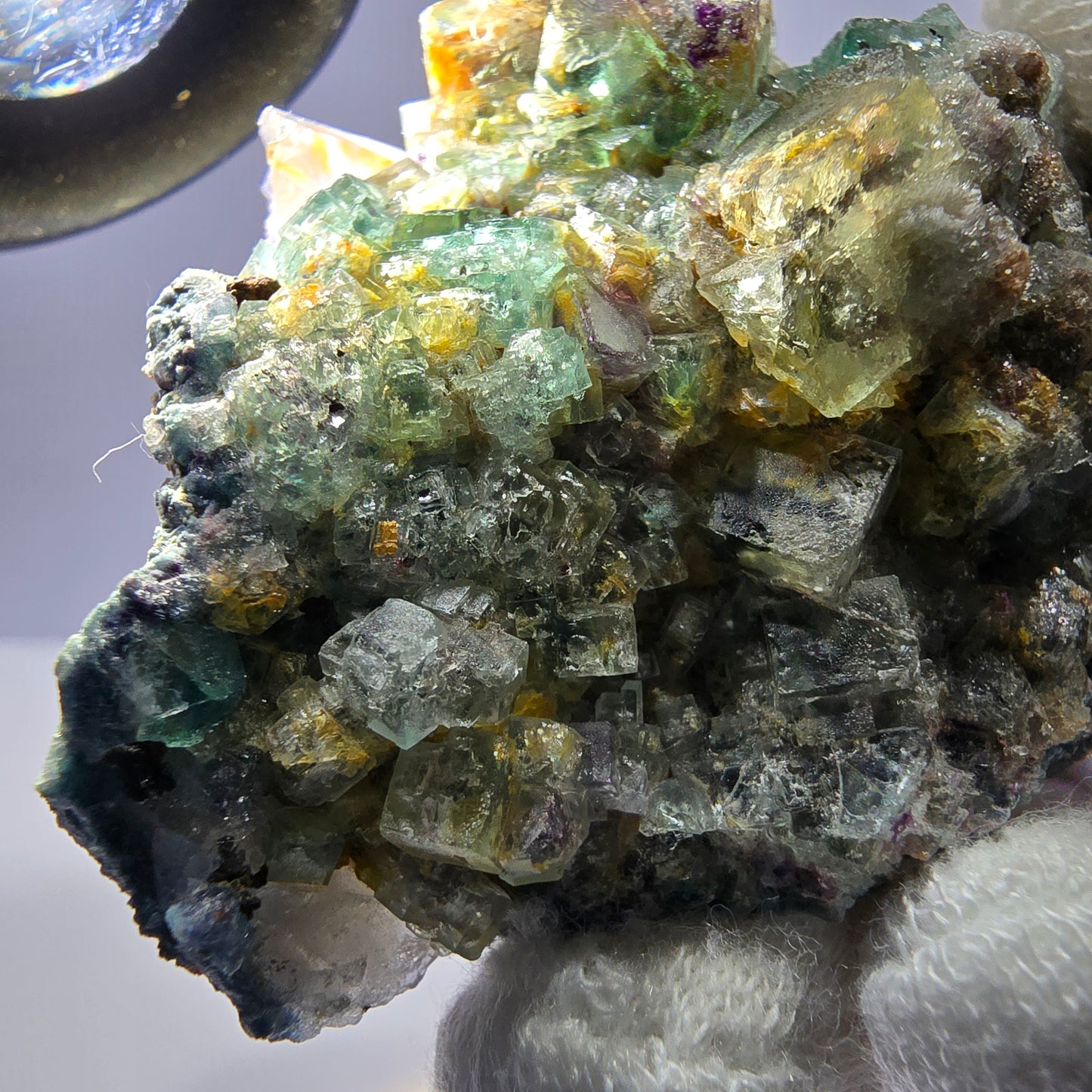 Phantom Fluorit Würfel zonal, Rauchquarz Stufe Erongo, Namibia 67*49*29mm