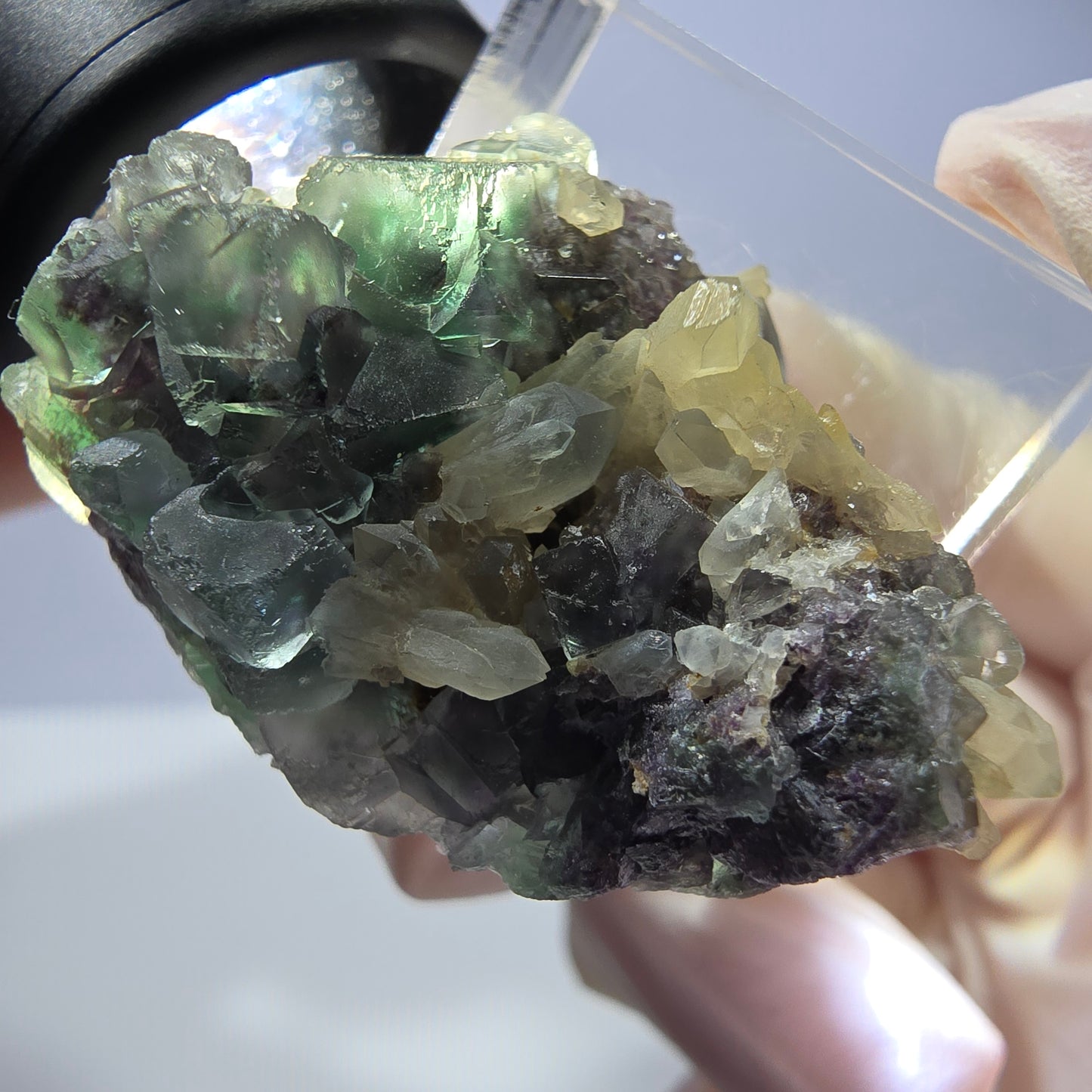 Phantom Fluorit Würfel, parkettiert, Quarz Stufe Okorusu, Namibia 35*25*19mm