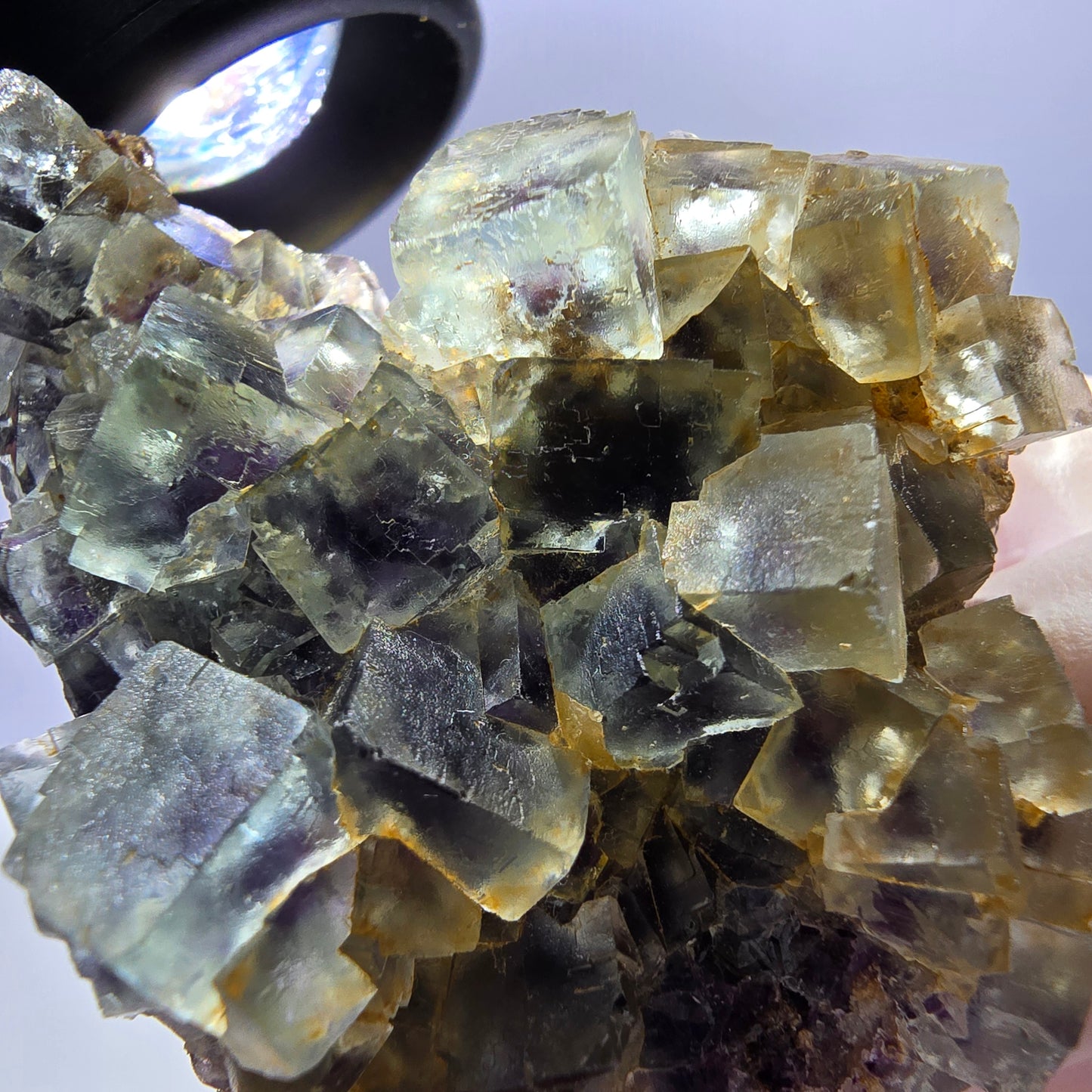 Spécimen de cube de fluorite fantôme transparente, vert-violet, Okorusu, Namibie, 54 x 41 x 22 mm