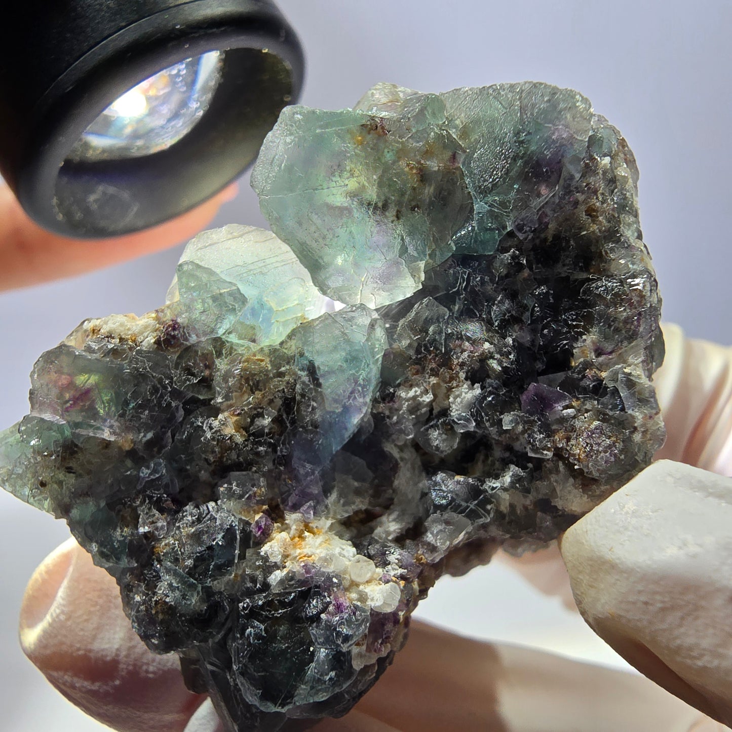 Rare cube de fluorite fantôme, spécimen de quartz vert violet Okorusu Namibie 47*46*37 mm