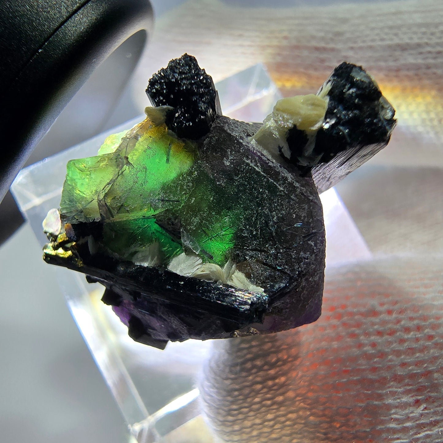 Spécimen de cube de fluorite fantôme zonal, de muscovite et de tourmaline Schorl, Erongo, Namibie, 25 x 20 x 18 mm