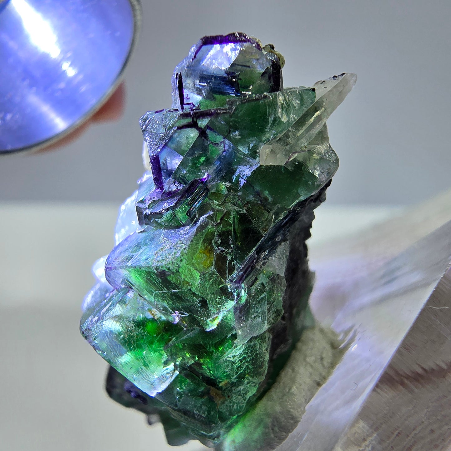 Fluorite fantôme, quartz fumé, hyalite, tourmaline de Schörl, muscovite, Erongo, Namibie, 37 x 18 x 18 mm