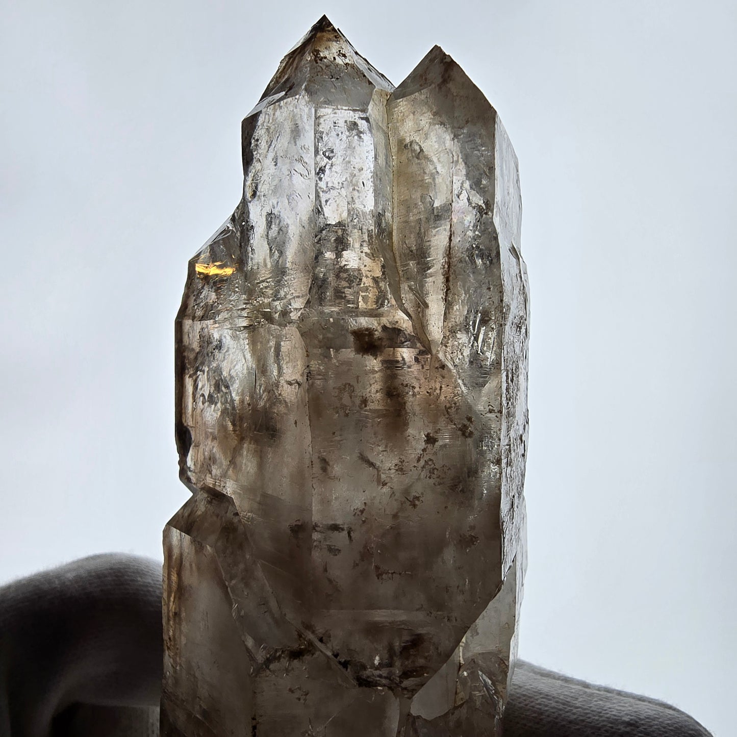 Sceptre fantôme squelette XL en quartz fumé DT, poche Saint-Valentin en calcite UV, Namibie 191 x 60 x 51 mm