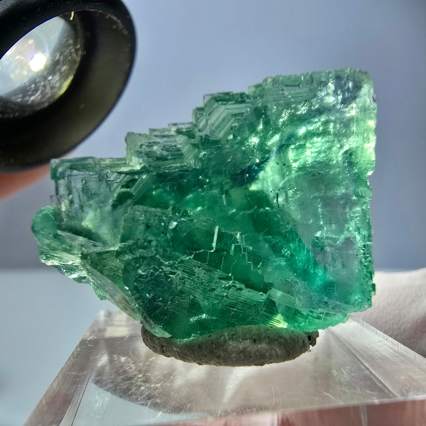 Cube de fluorite fantôme transparente parquetée, vert Okorusu, Namibie 28 x 24 x 22 mm