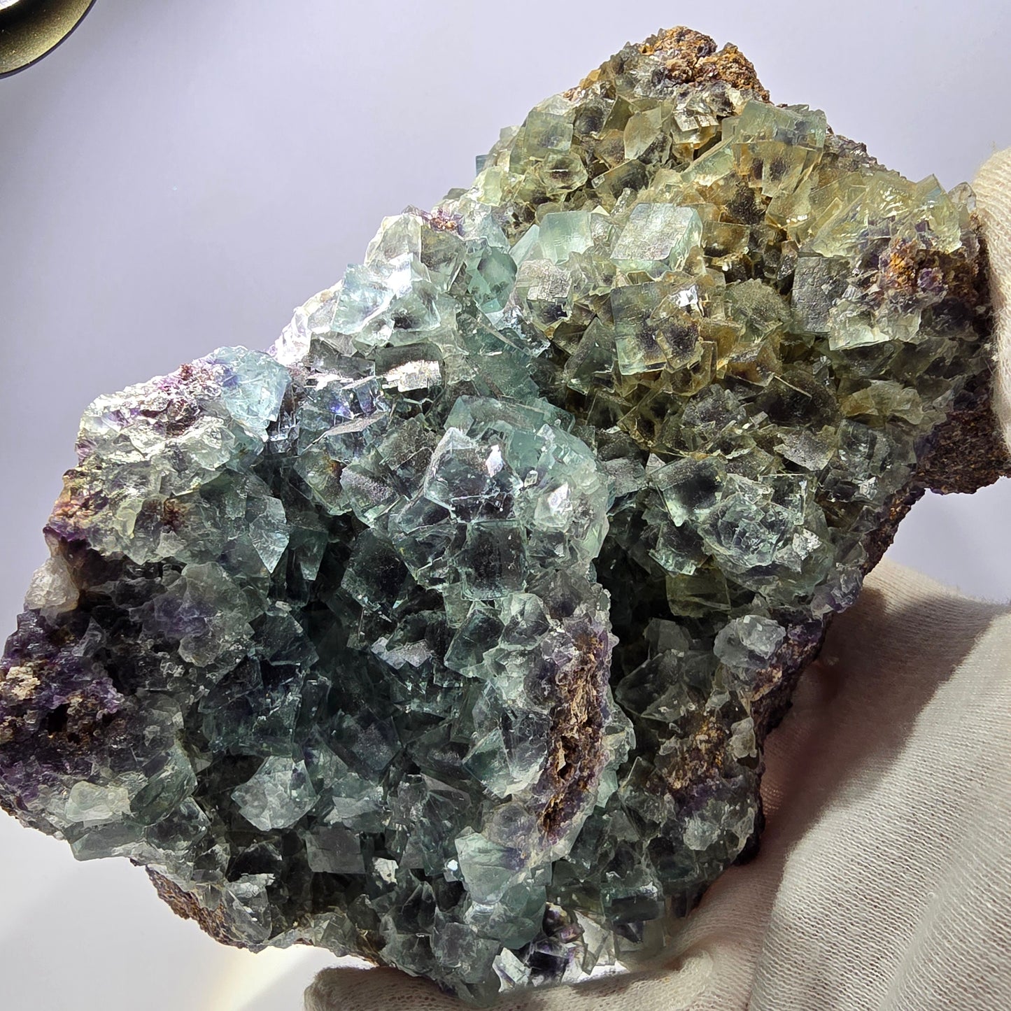 Spécimen de cube de fluorite fantôme XL, parqueté, vert violet Okorusu, Namibie 181*124*74mm