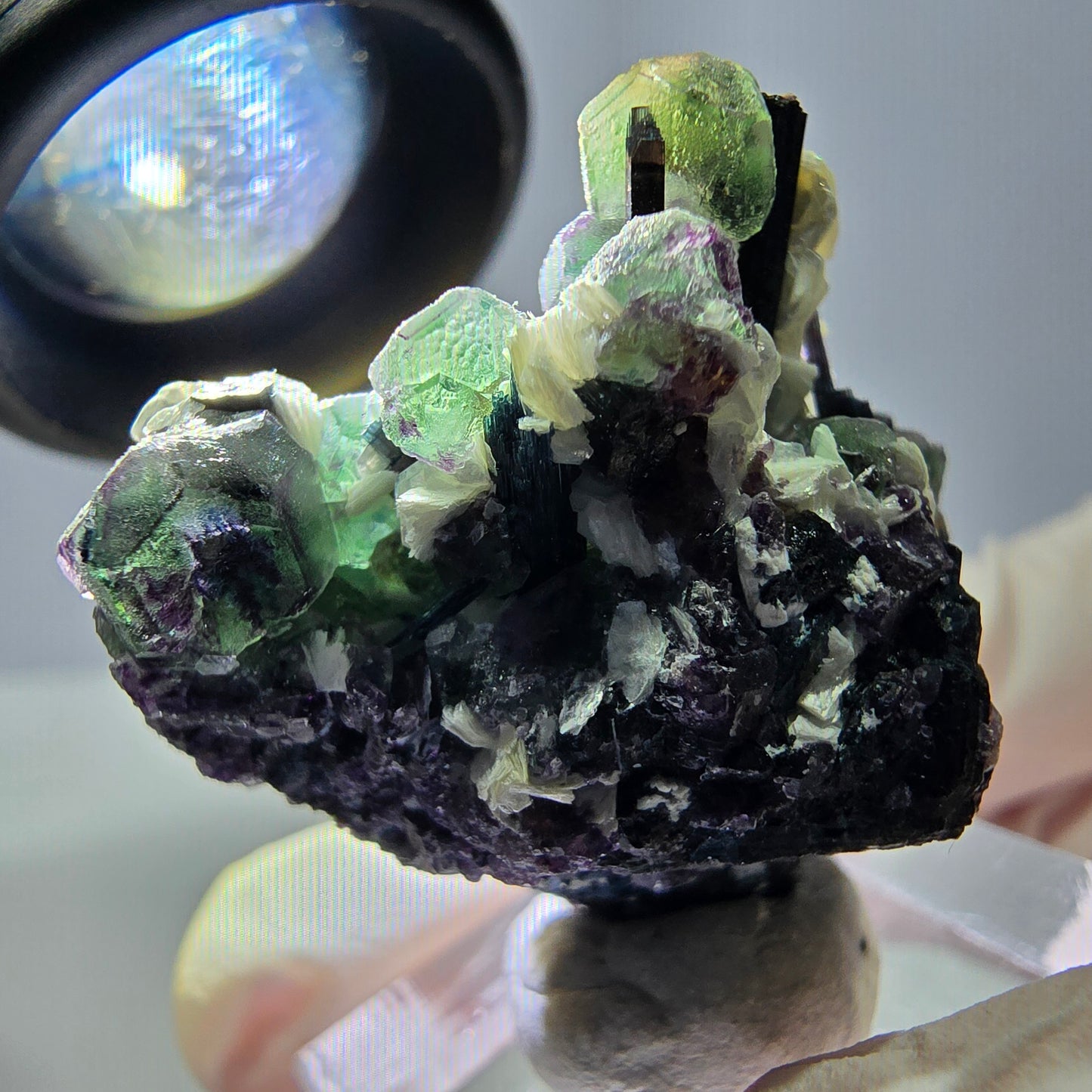 Cube de fluorite fantôme, zonal, muscovite, spécimen de tourmaline Schorl, Erongo, Namibie, 36 x 31 x 22 mm