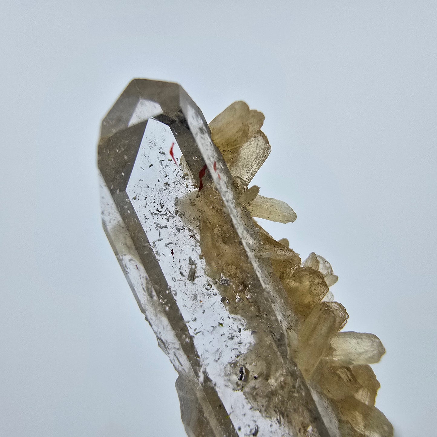Cristal de quartz fumé Harlequin Phantom avec stilbite Goboboseb, Namibie 31*9*8mm