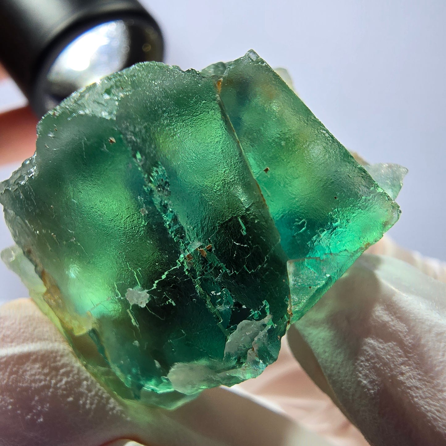 Spécimen de cube de fluorite fantôme transparente, vert parqueté, Okorusu, Namibie, 48 x 29 x 25 mm