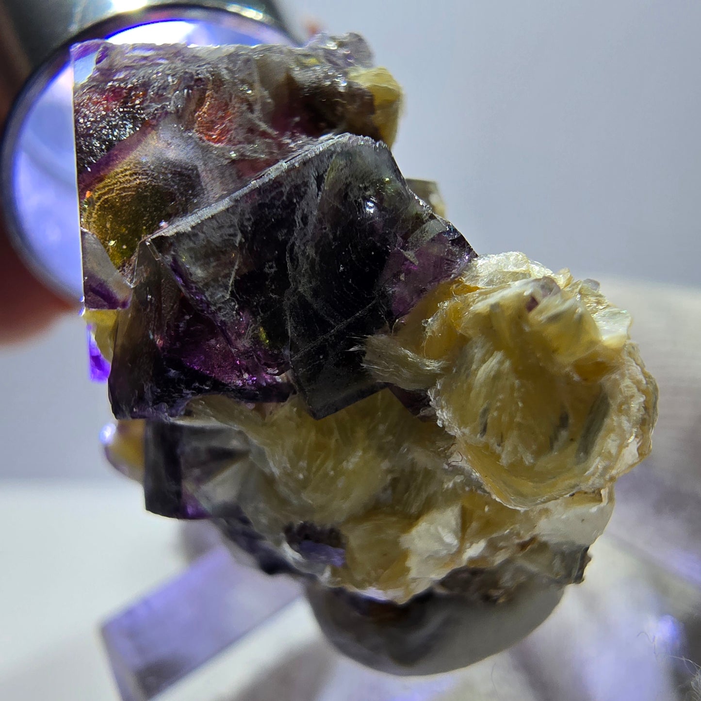 Spécimen de fluorite fantôme colorée, tourmaline scholle, muscovite, Erongo, Namibie, 27 x 24 x 18 mm