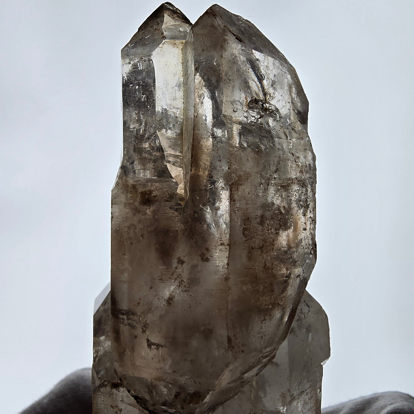 Sceptre fantôme squelette XL en quartz fumé DT, poche Saint-Valentin en calcite UV, Namibie 191 x 60 x 51 mm