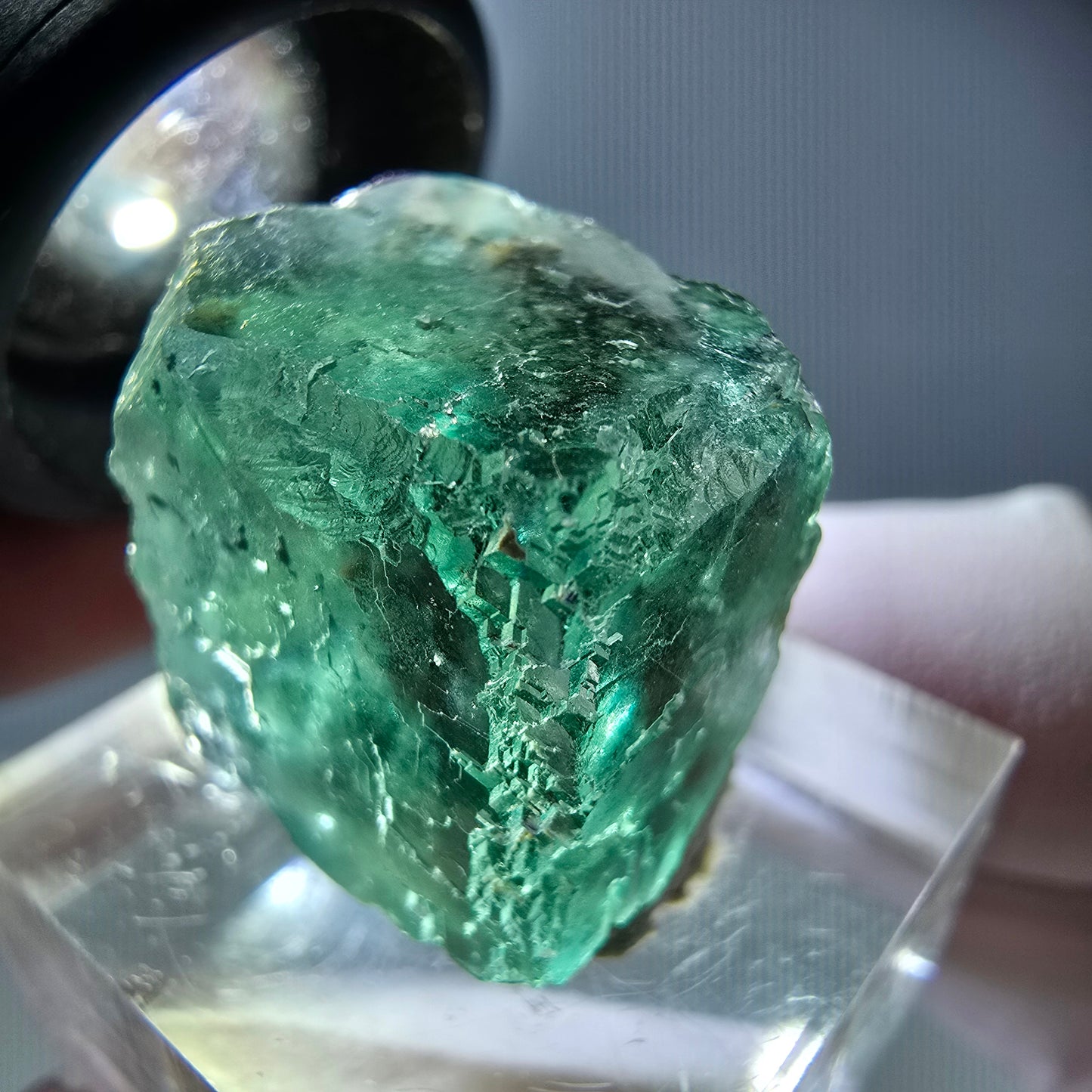 Cube de fluorite fantôme transparente parquetée, vert Okorusu, Namibie 19 x 19 x 15 mm