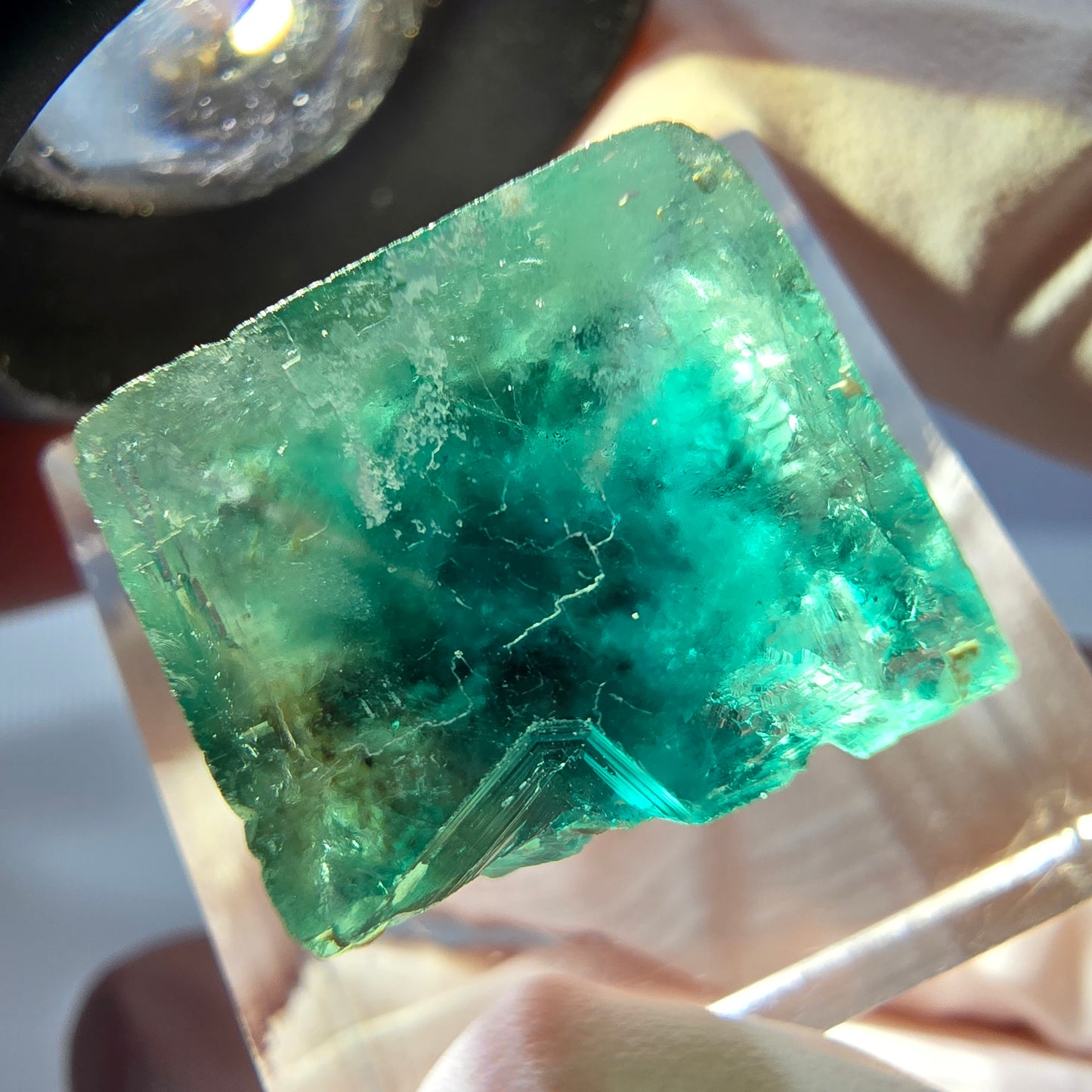 Cube de fluorite fantôme transparente parquetée, vert Okorusu, Namibie 15 x 15 x 13 mm