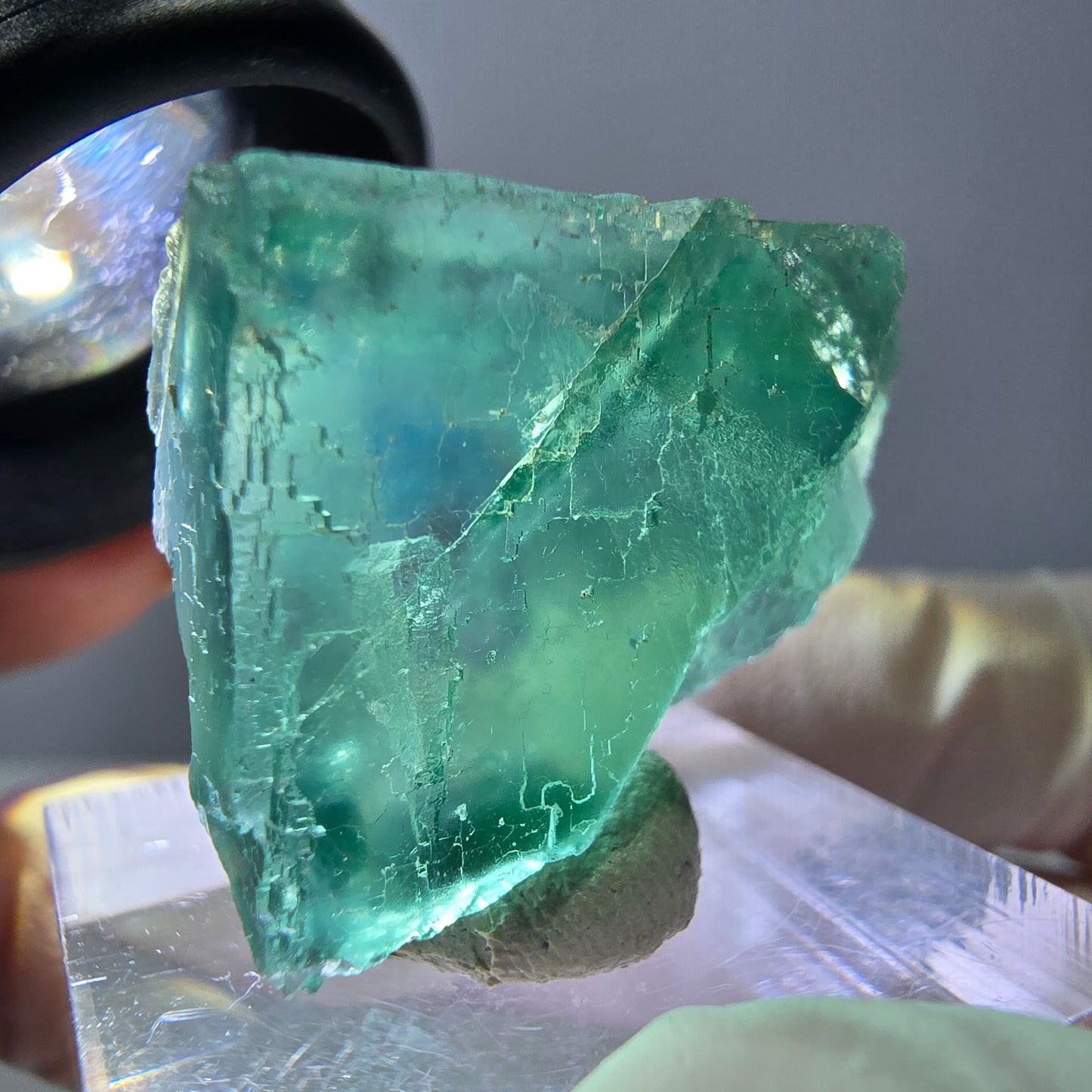Cube de fluorite fantôme transparente parquetée, vert Okorusu, Namibie 28 x 21 x 10 mm