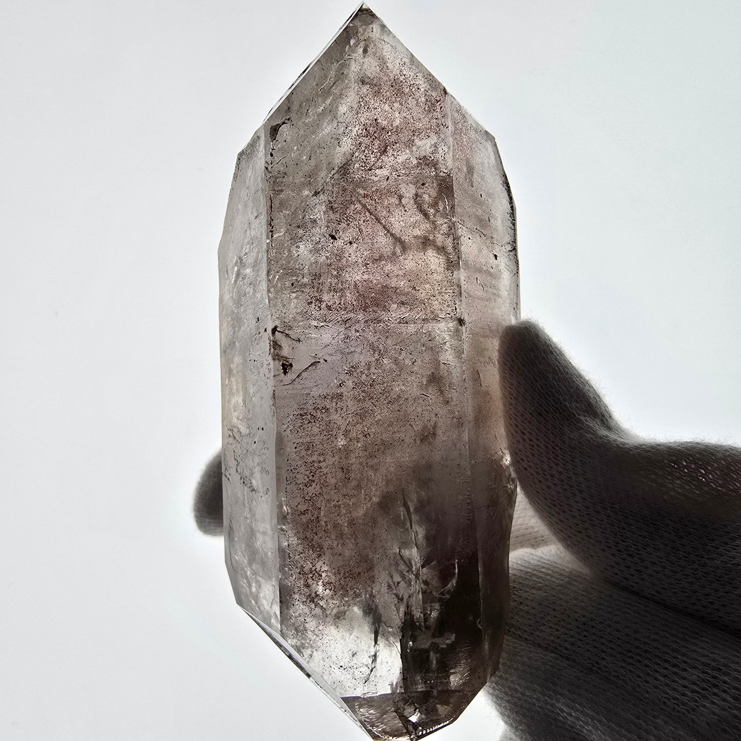 Sceptre fantôme squelette en quartz fumé DT, poche Saint-Valentin en calcite UV, Namibie 97 x 44 x 37 mm