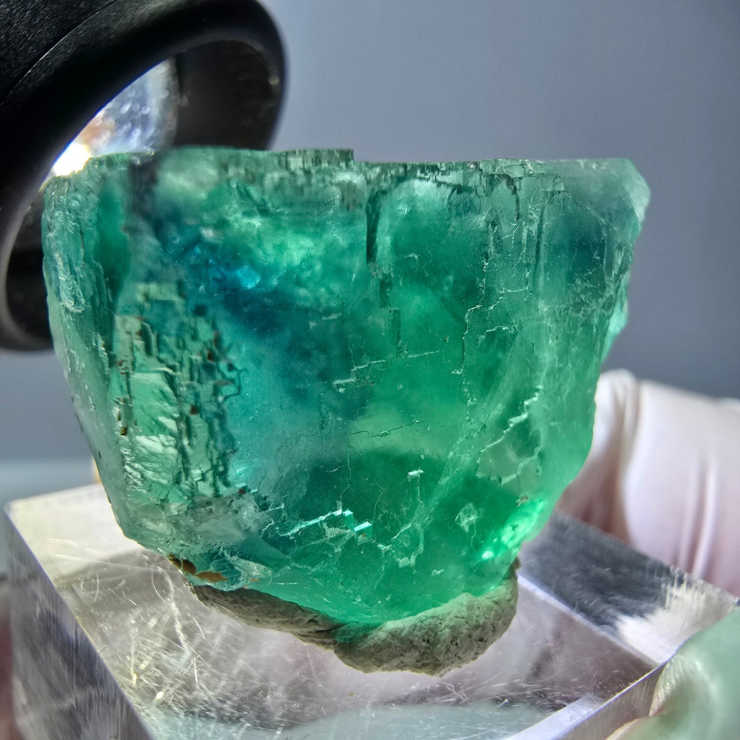 Cube de fluorite fantôme transparente parquetée, vert Okorusu, Namibie 30 x 23 x 21 mm