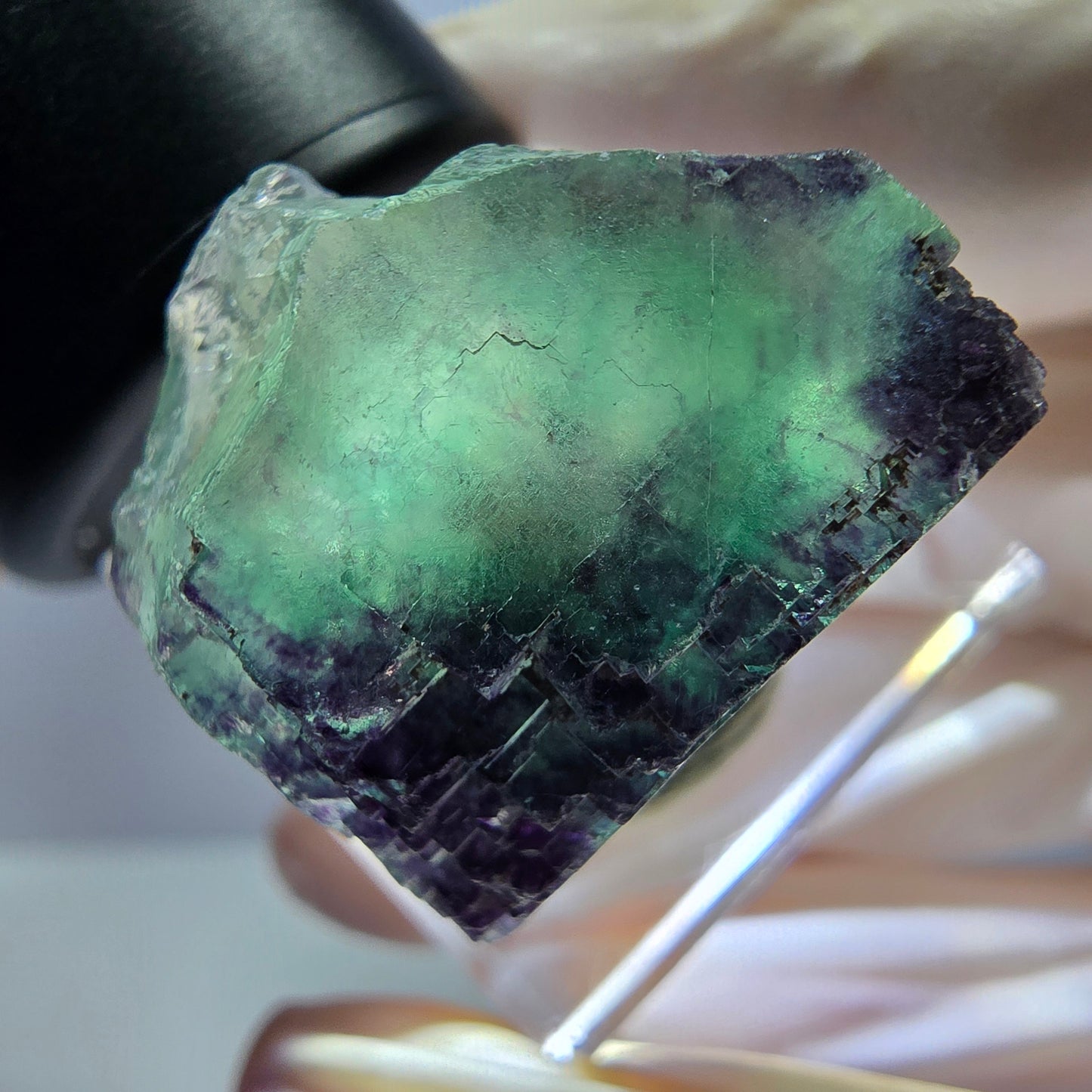 Cube de fluorite fantôme parqueté, zonal, vert violet Okorusu, Namibie 27*22*18mm