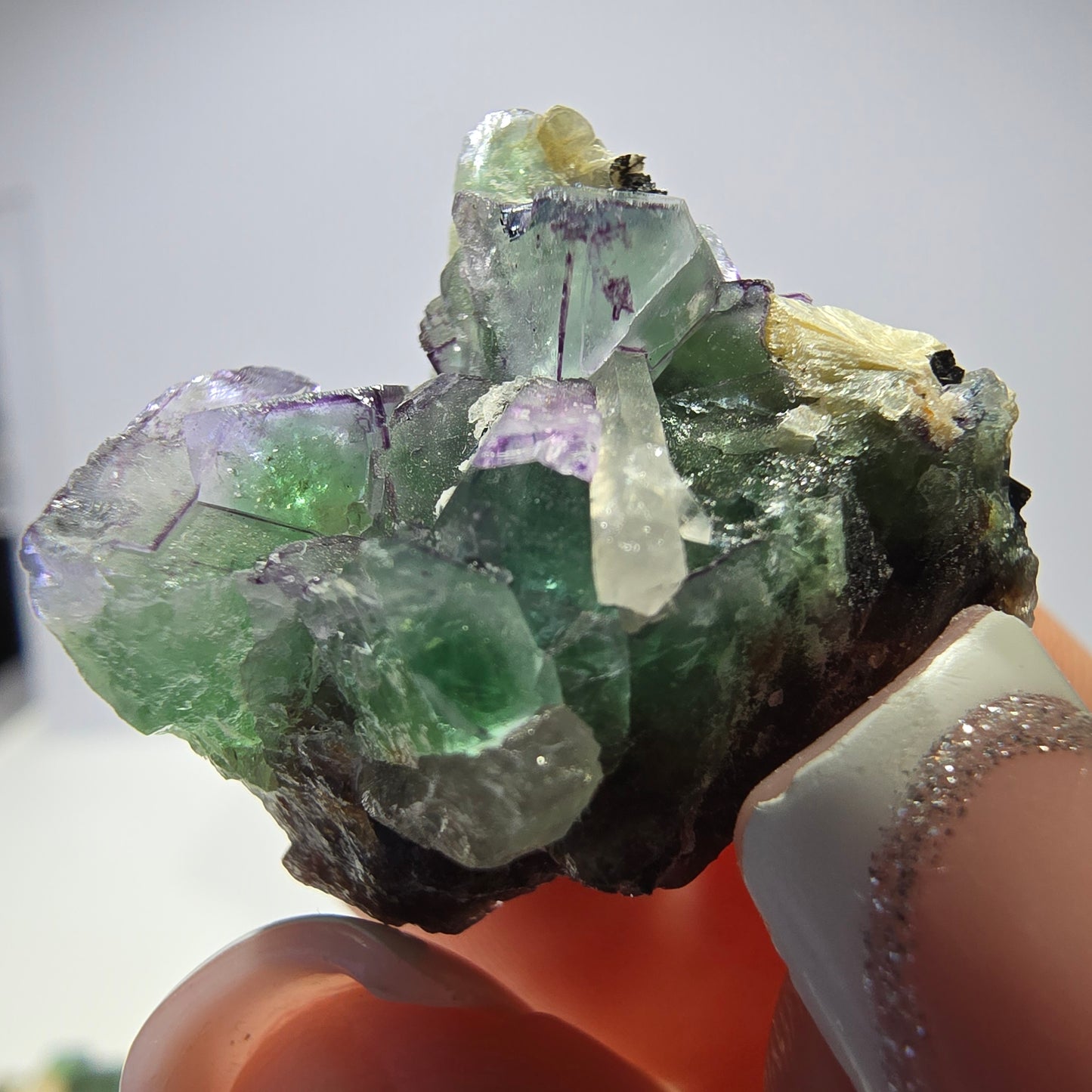 Lot de 16 fluorites fantômes, hyalites, tourmalines Schörl, muscovites, marches d'Erongo, Namibie
