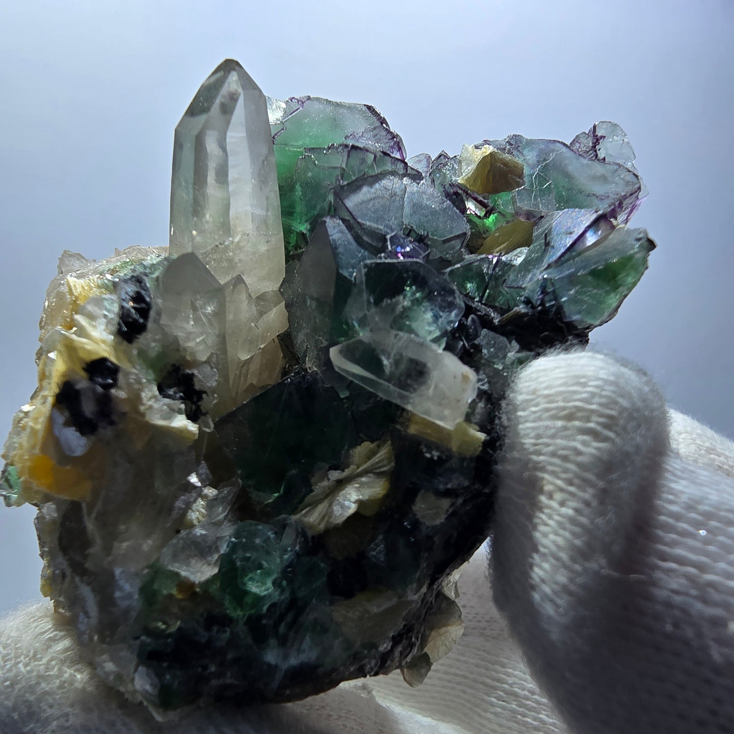 Phantom Fluorit Würfel, Rauchquarz, Schörl Turmalin, Hyalit Erongo, Namibia 62*42*35mm